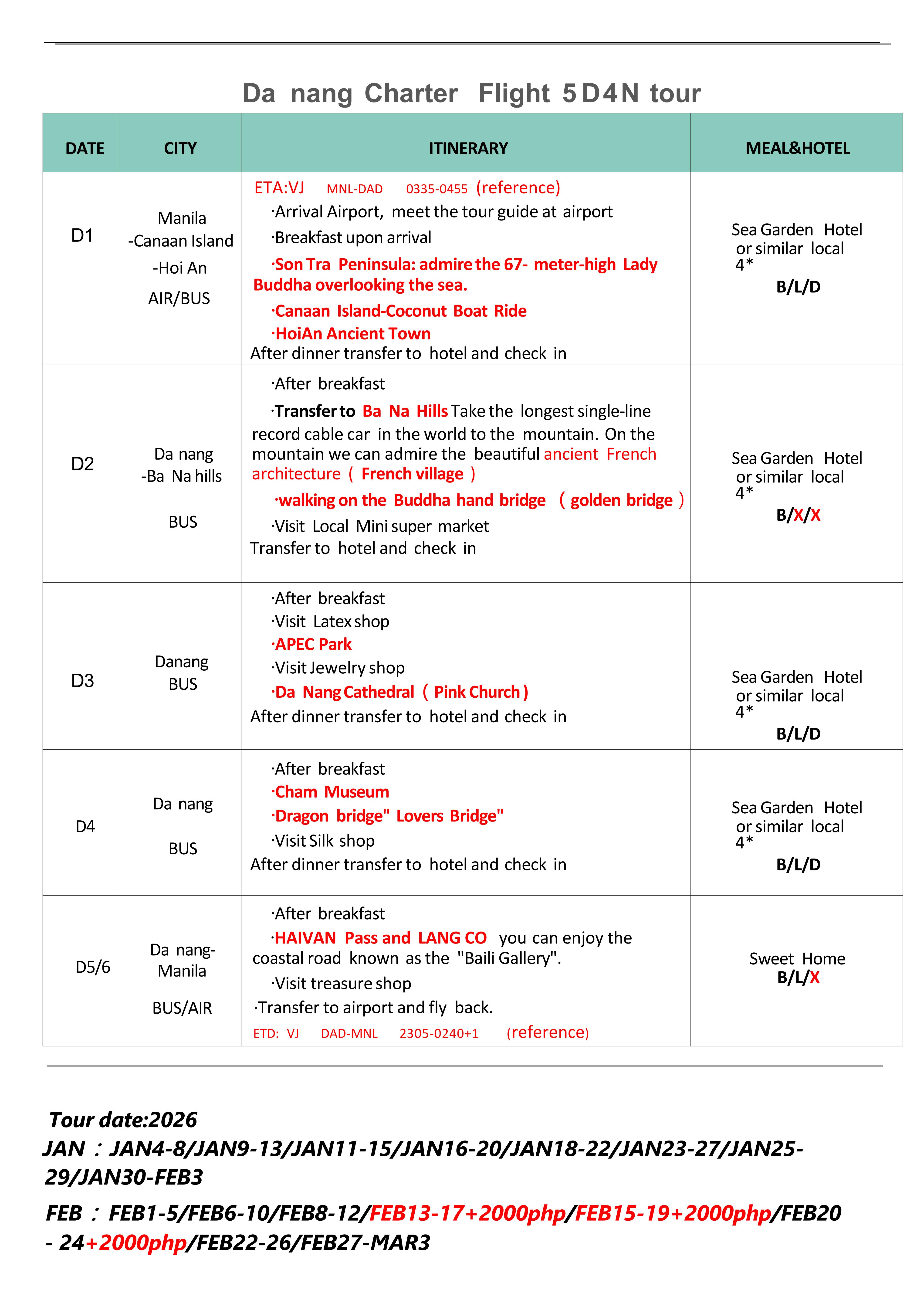 Danang 6D4N (VJ charter flights) 2026 : AS LOW AS ₱23,888/PAX itinerary