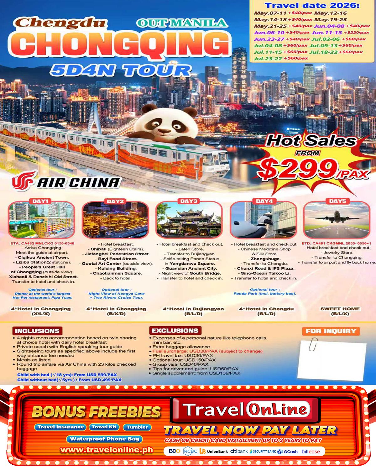 Chongqing+Chengdu 5D4N (CA), 2026 -CKG in CKG out : AS LOW AS $299/PAX  promo image