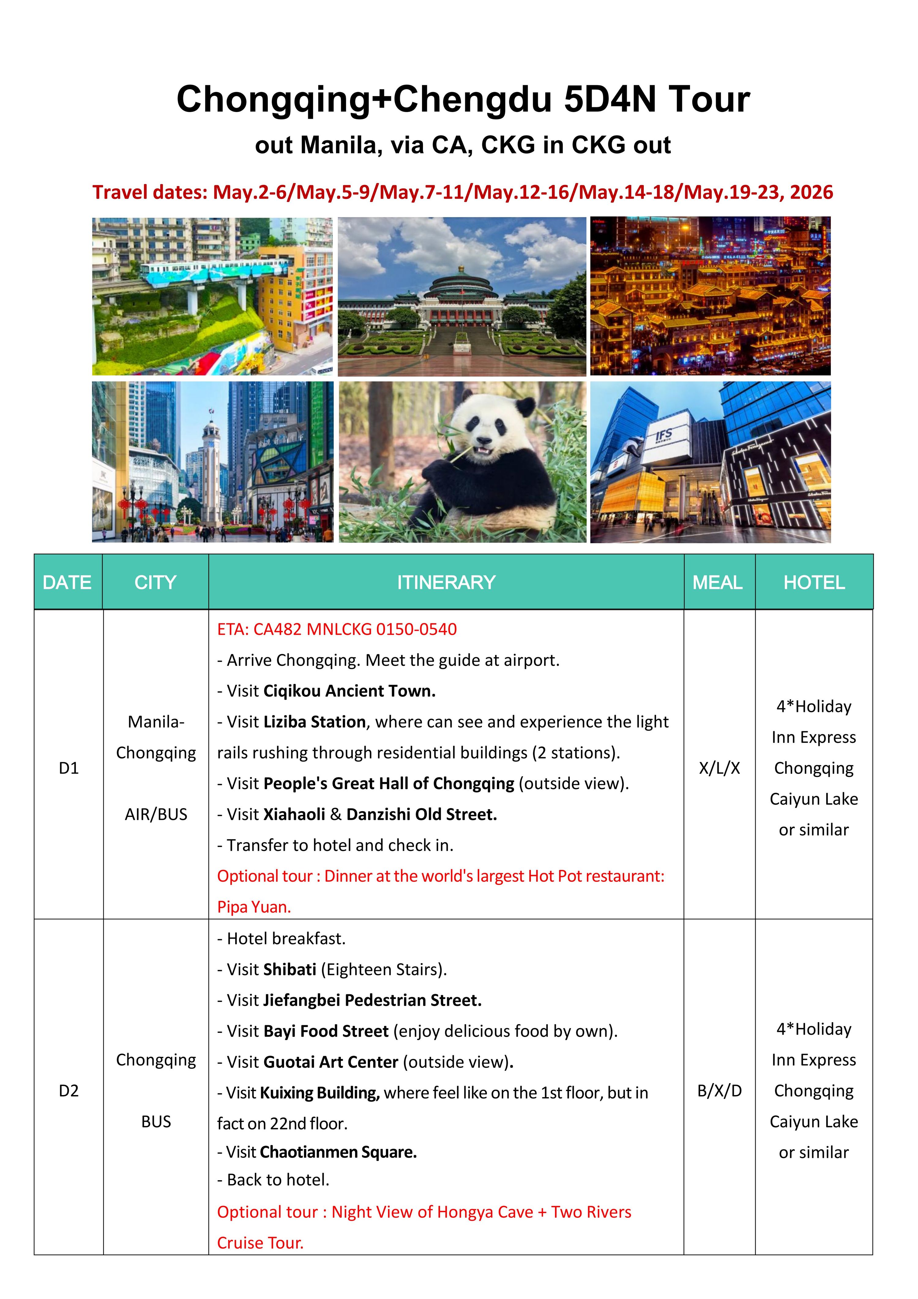Chongqing+Chengdu 5D4N (CA), 2026 -CKG in CKG out : AS LOW AS $299/PAX itinerary