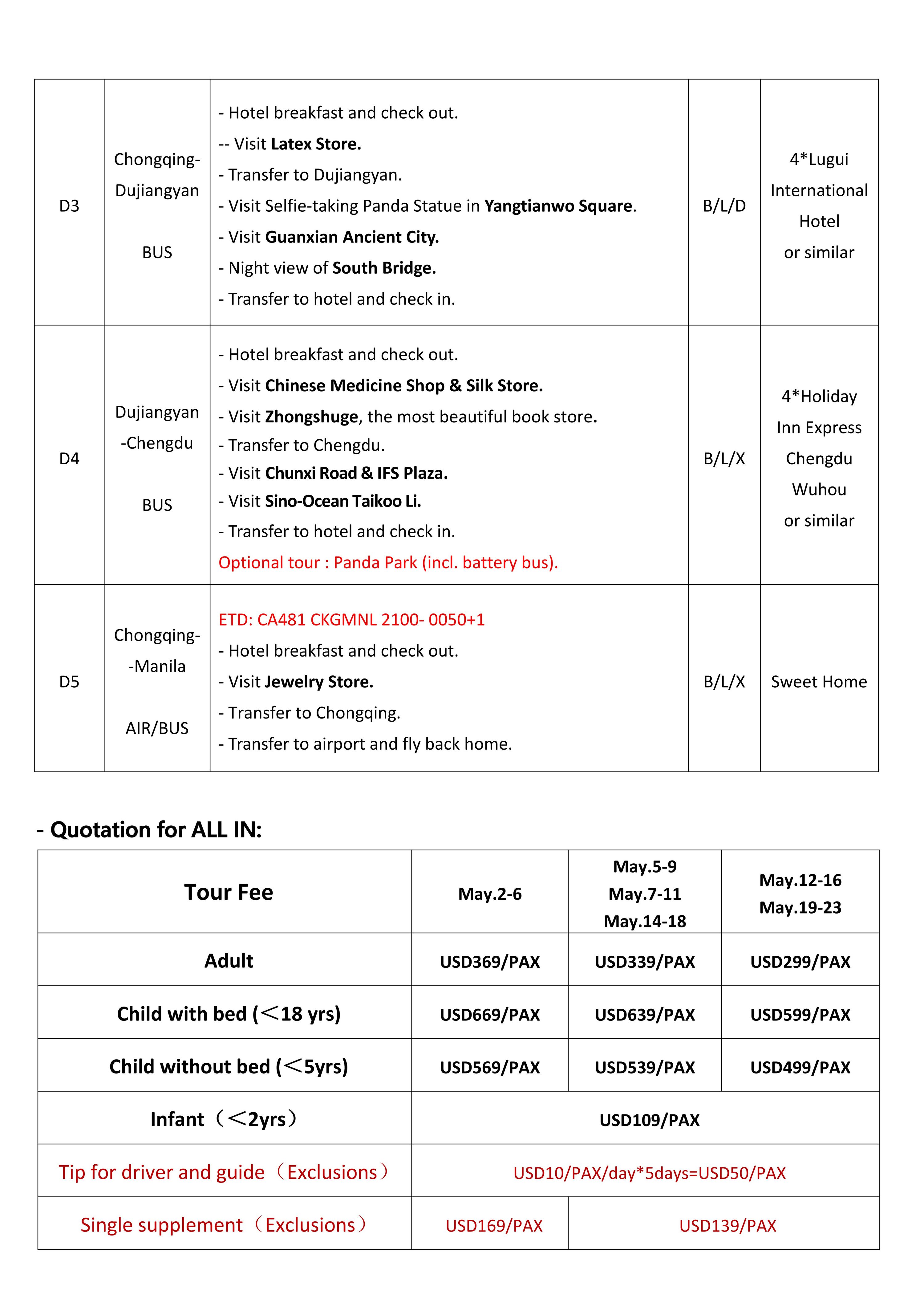 Chongqing+Chengdu 5D4N (CA), 2026 -CKG in CKG out : AS LOW AS $299/PAX itinerary
