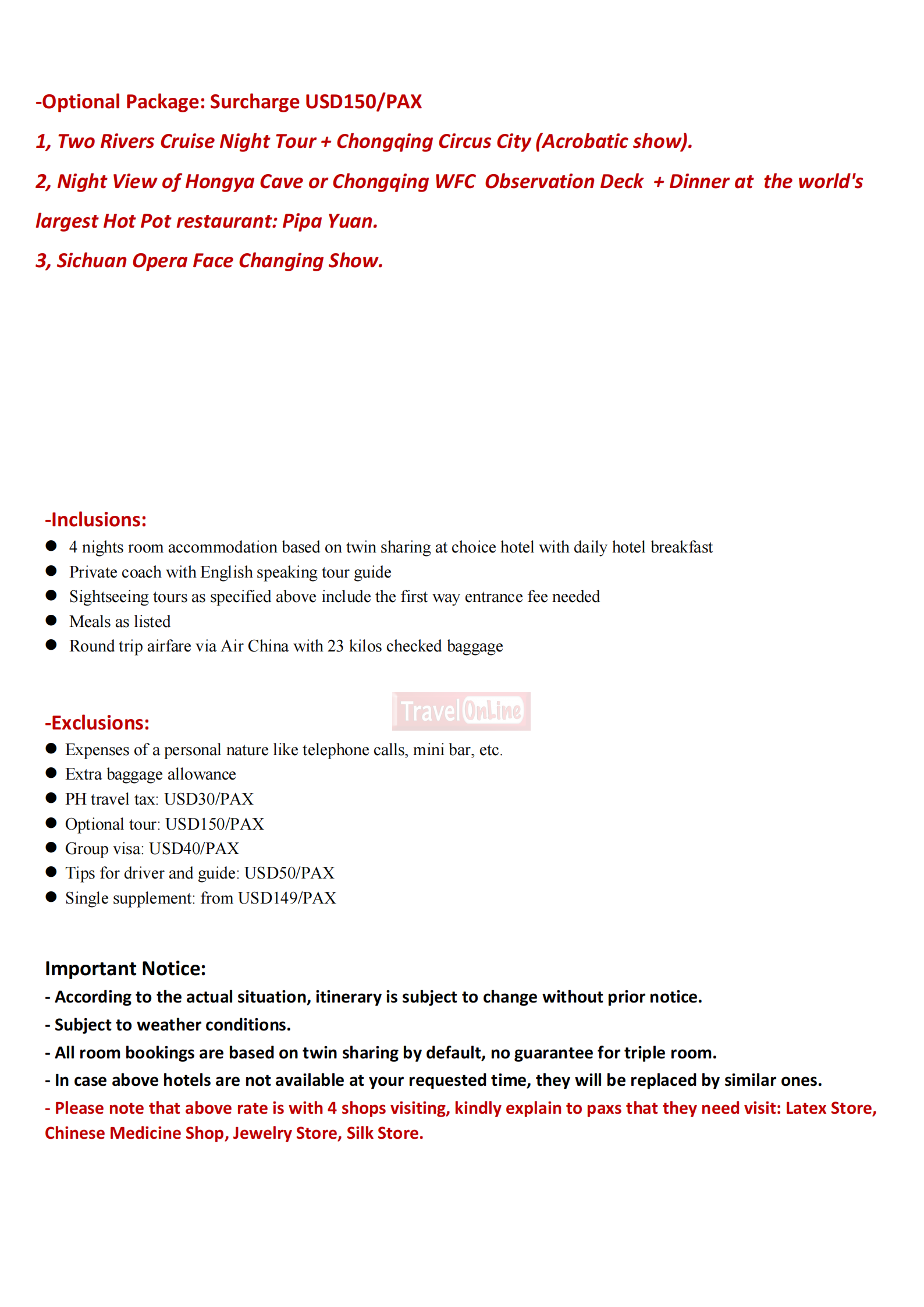 Chongqing+Chengdu 5D4N (CA), 2026 -TFU in TFU out :  AS LOW AS $339/PAX itinerary