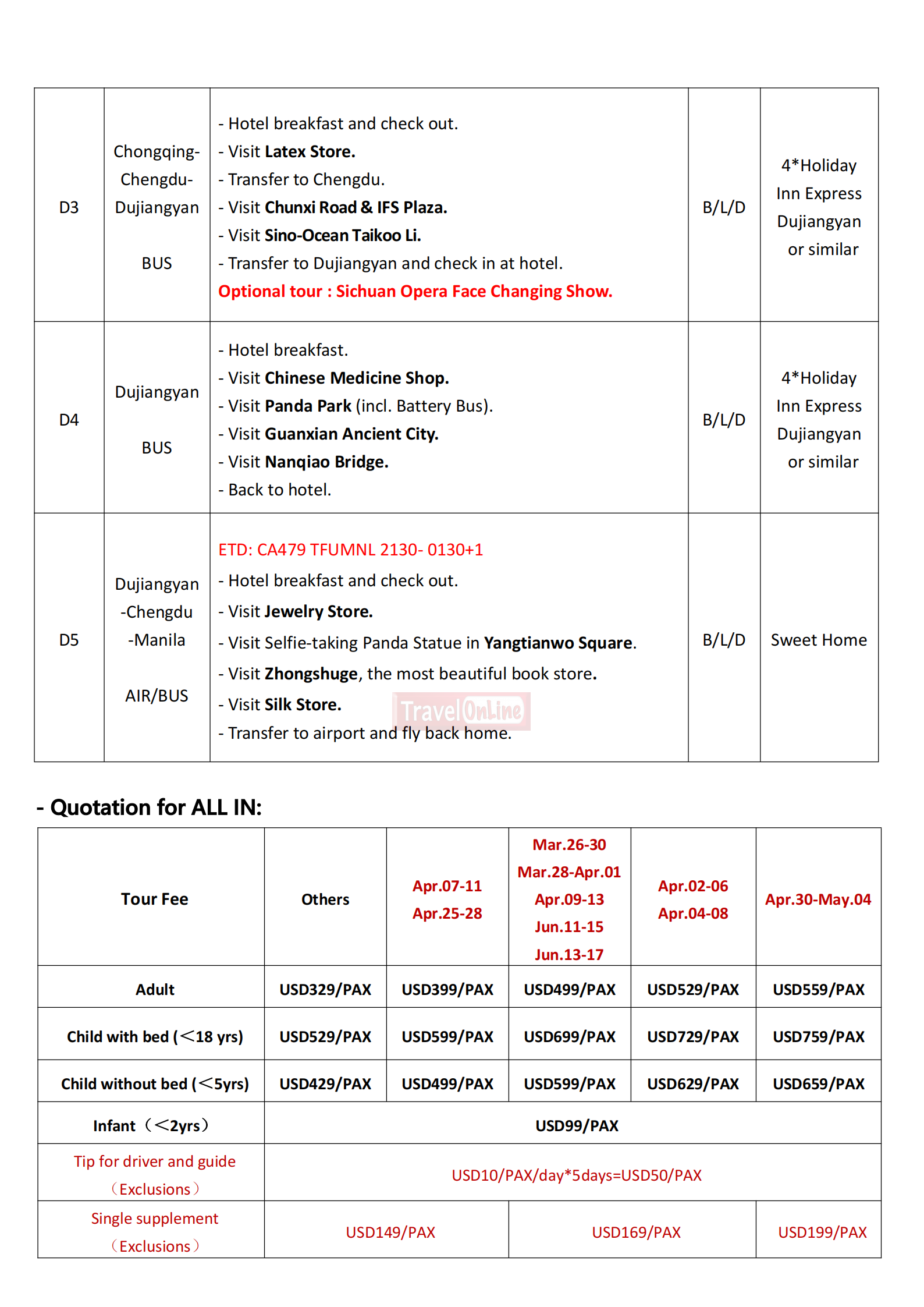 Chongqing+Chengdu 5D4N (CA), 2026 -TFU in TFU out :  AS LOW AS $339/PAX itinerary