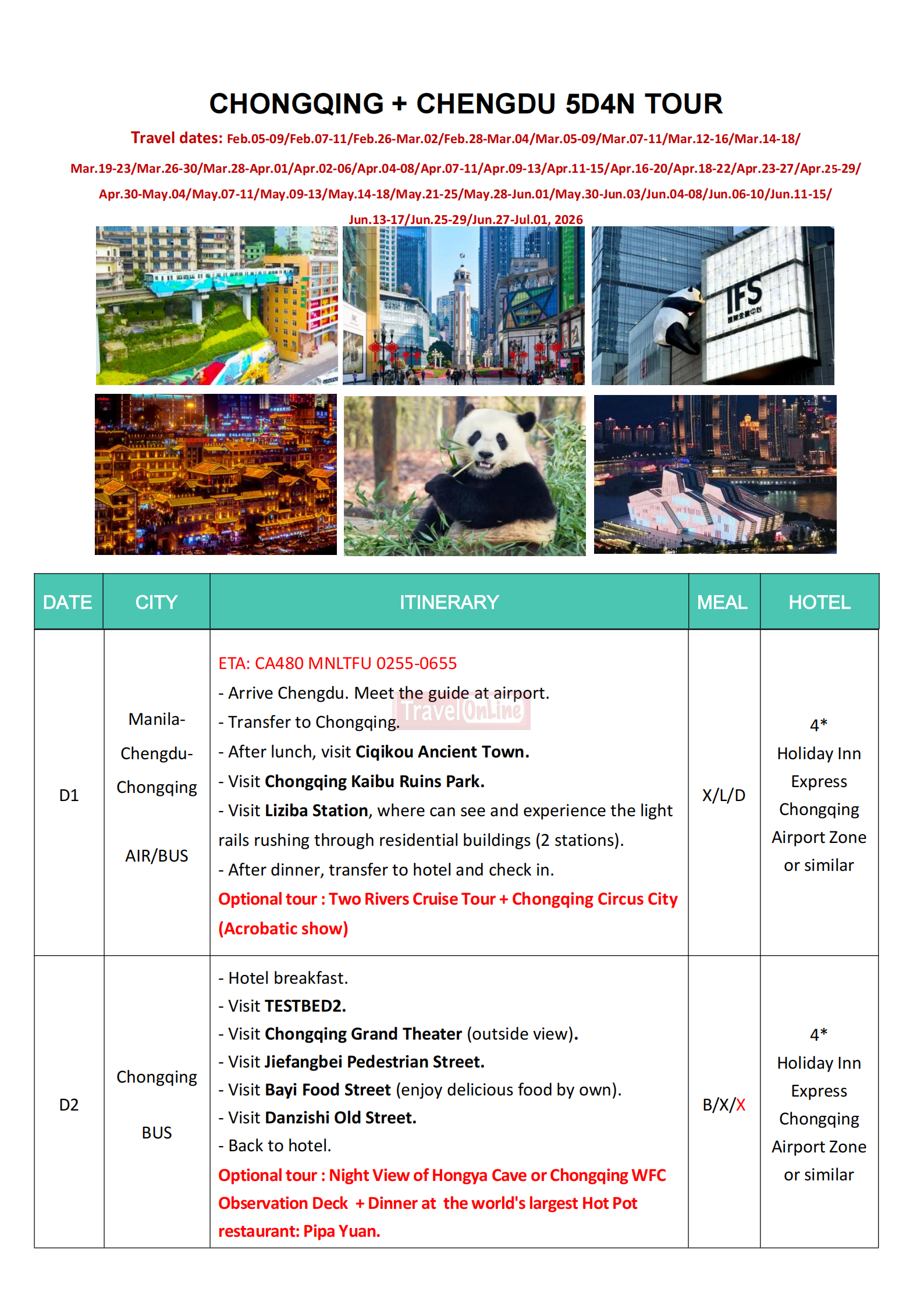 Chongqing+Chengdu 5D4N (CA), 2026 -TFU in TFU out :  AS LOW AS $339/PAX itinerary