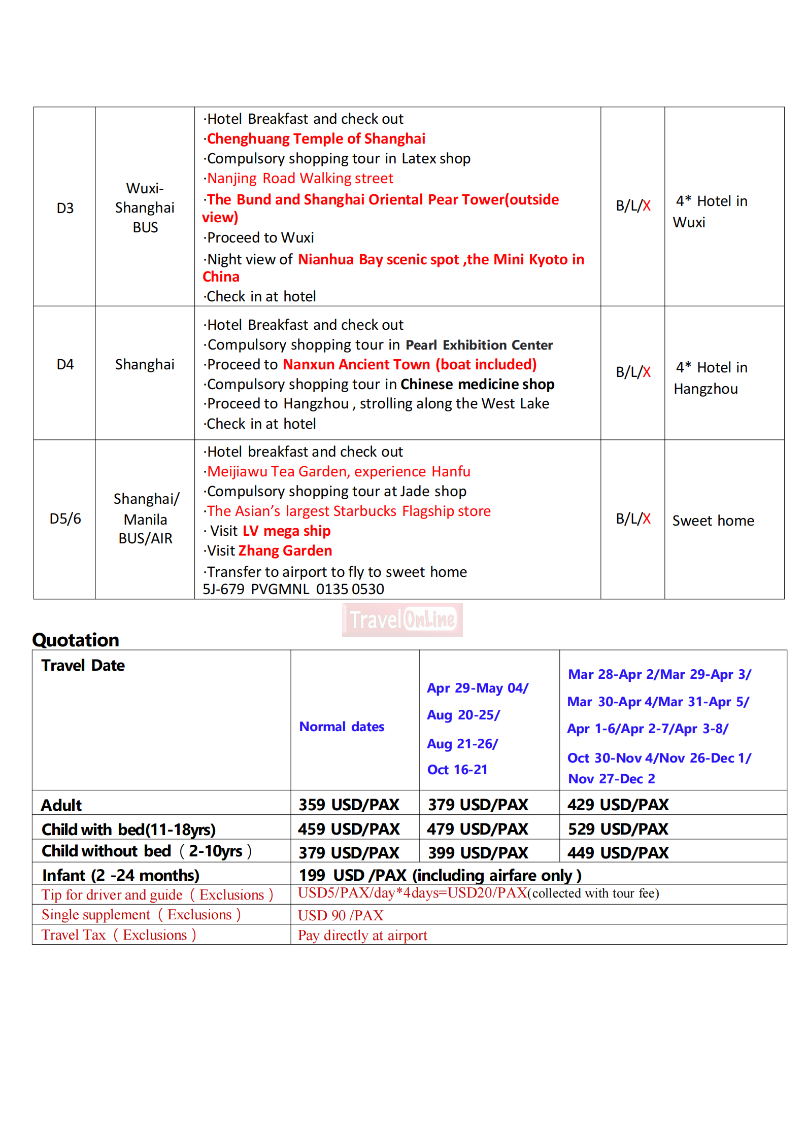 Shanghai Mini Kyoto 6D4N，2026 : AS LOW AS $359/PAX itinerary