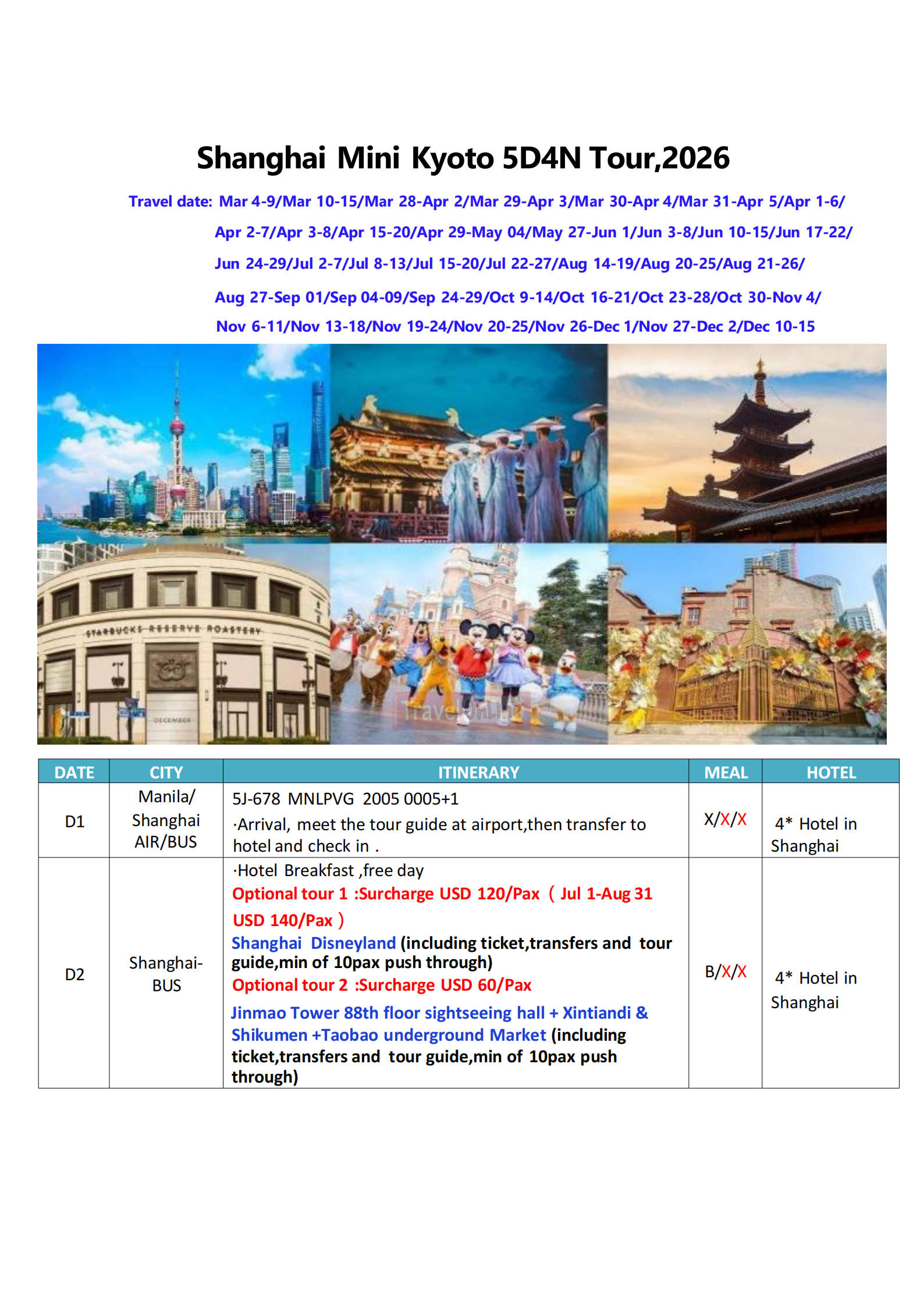 Shanghai Mini Kyoto 6D4N，2026 : AS LOW AS $359/PAX itinerary