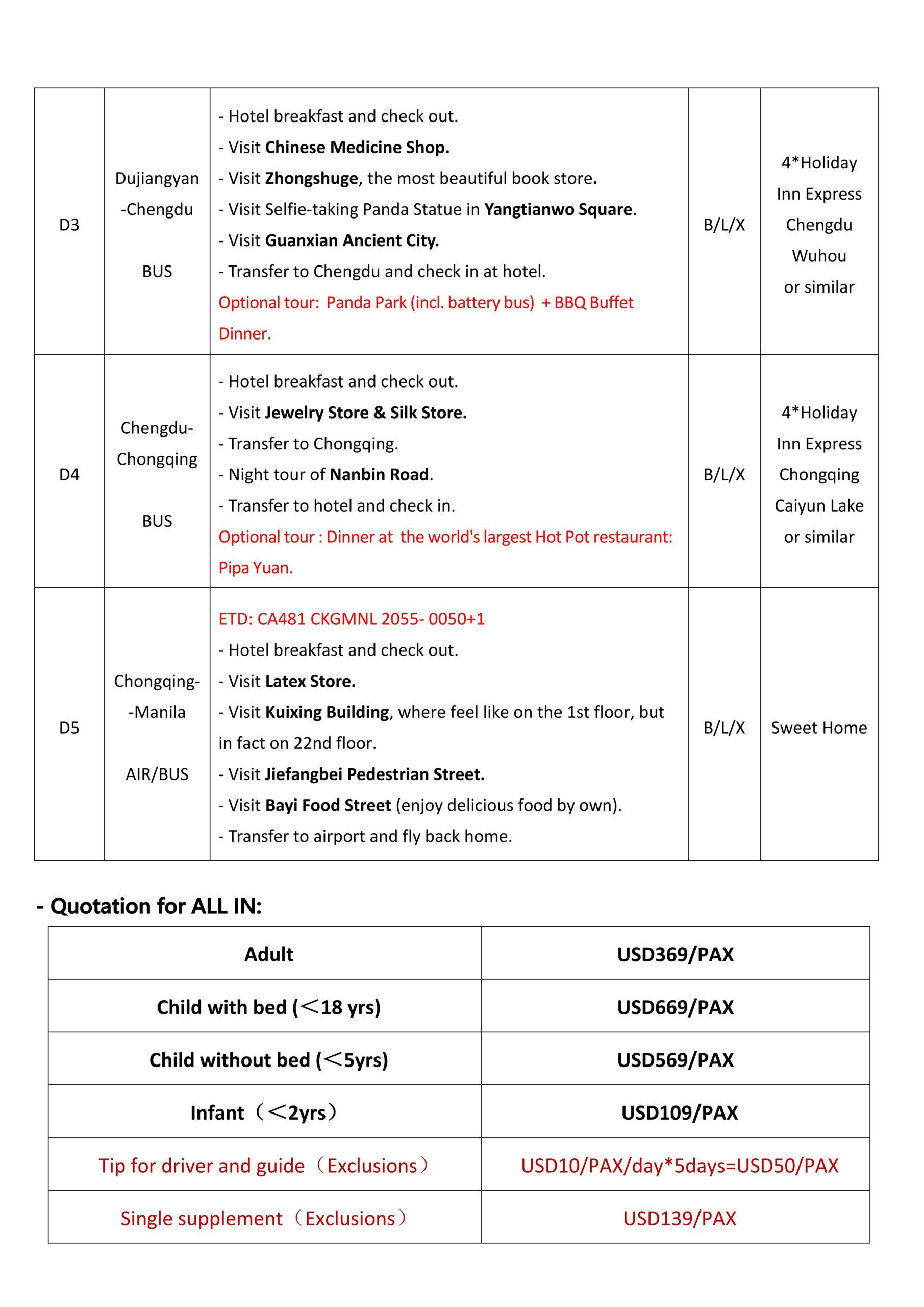 Chongqing+Leshan 5D4N (CA), 2026 :  AS LOW AS $369/PAX itinerary