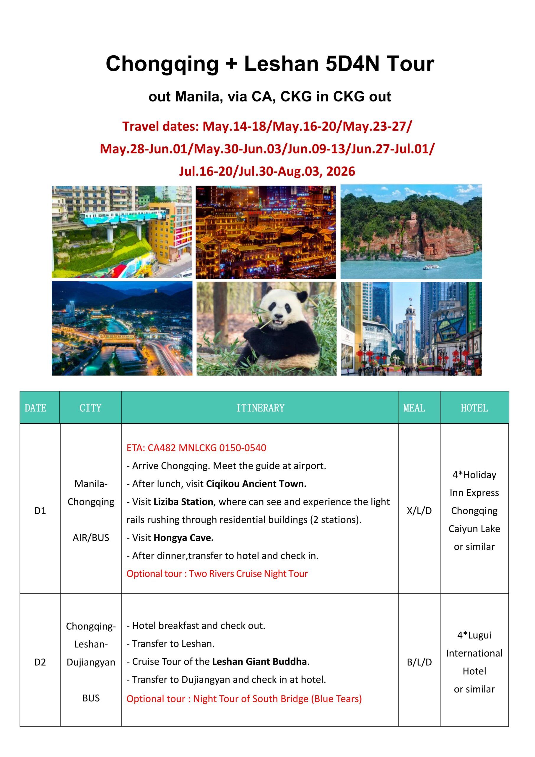 Chongqing+Leshan 5D4N (CA), 2026 :  AS LOW AS $369/PAX itinerary