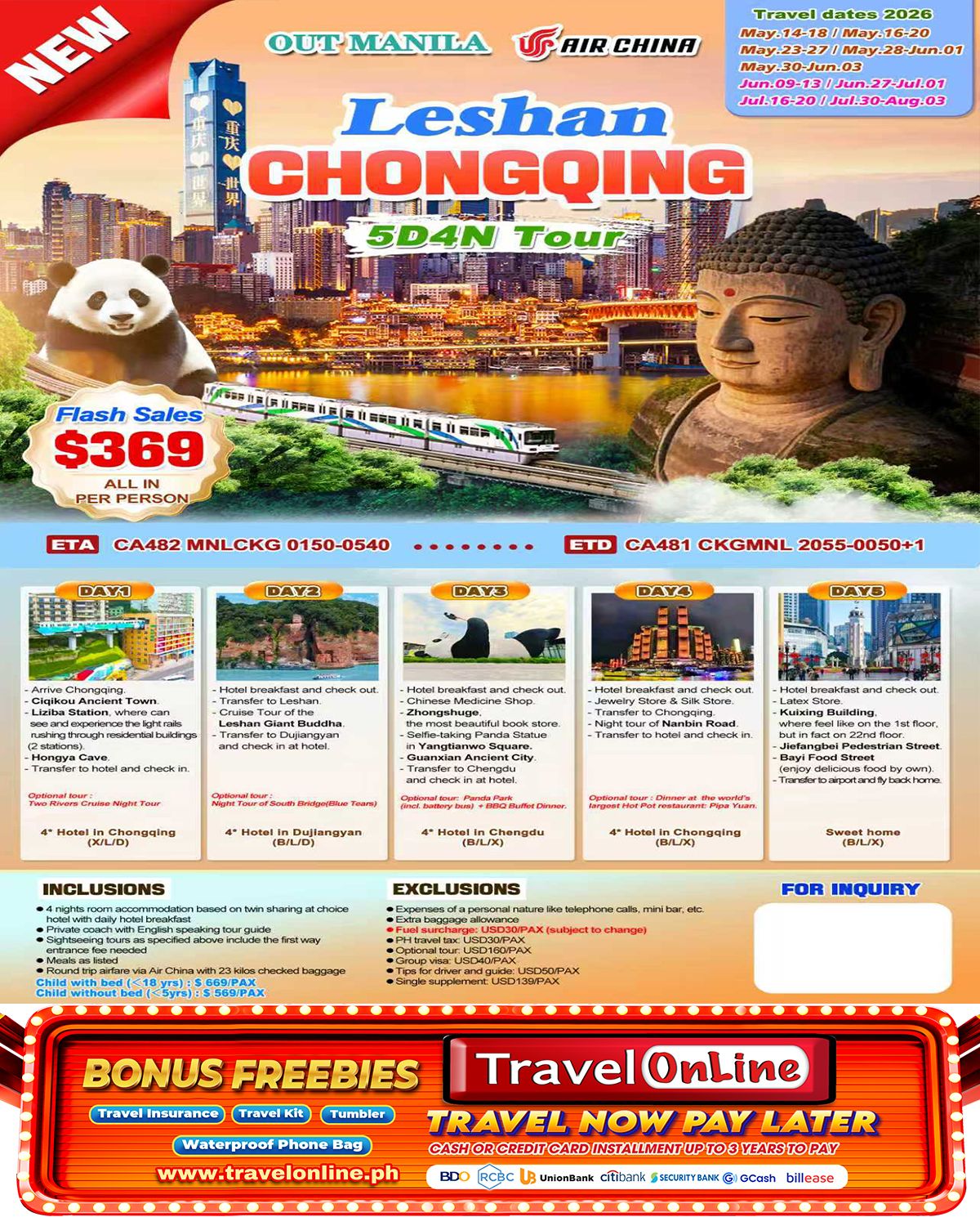 Chongqing+Leshan 5D4N (CA), 2026 :  AS LOW AS $369/PAX promo image
