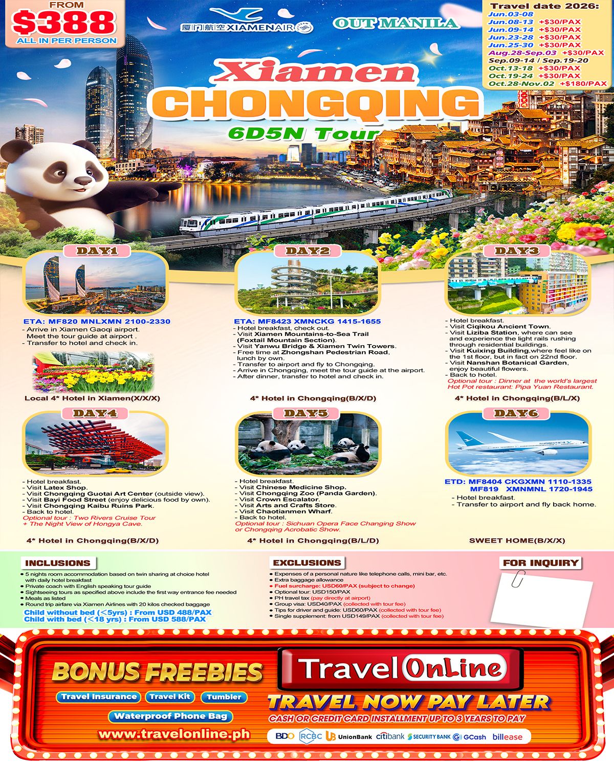 Xiamen+Chongqing 6D5N (MF) :  AS LOW AS $388/PAX promo image