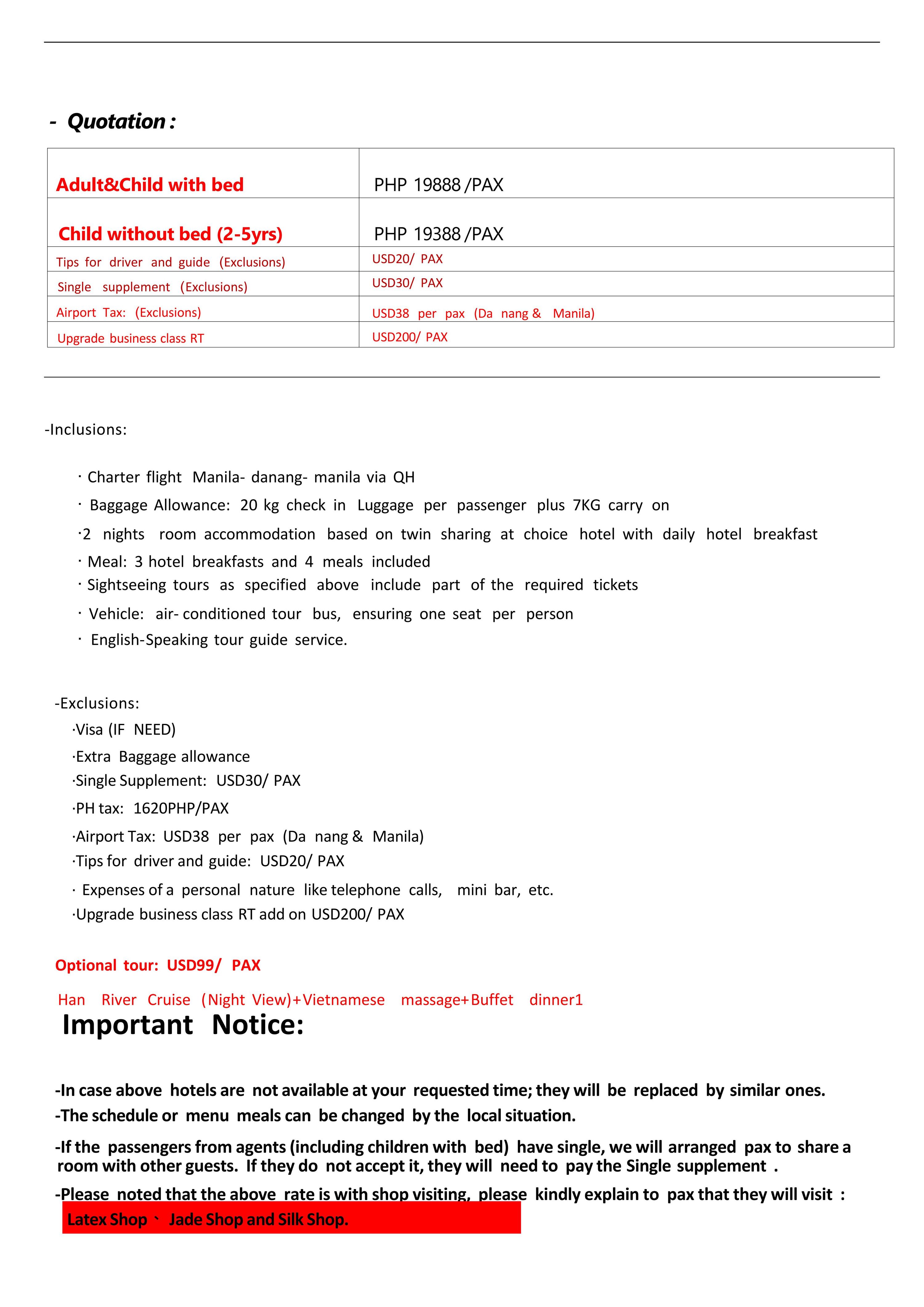 Danang 4D2N (QH Charter Flight),2026:  AS LOW AS ₱19888/PAX itinerary