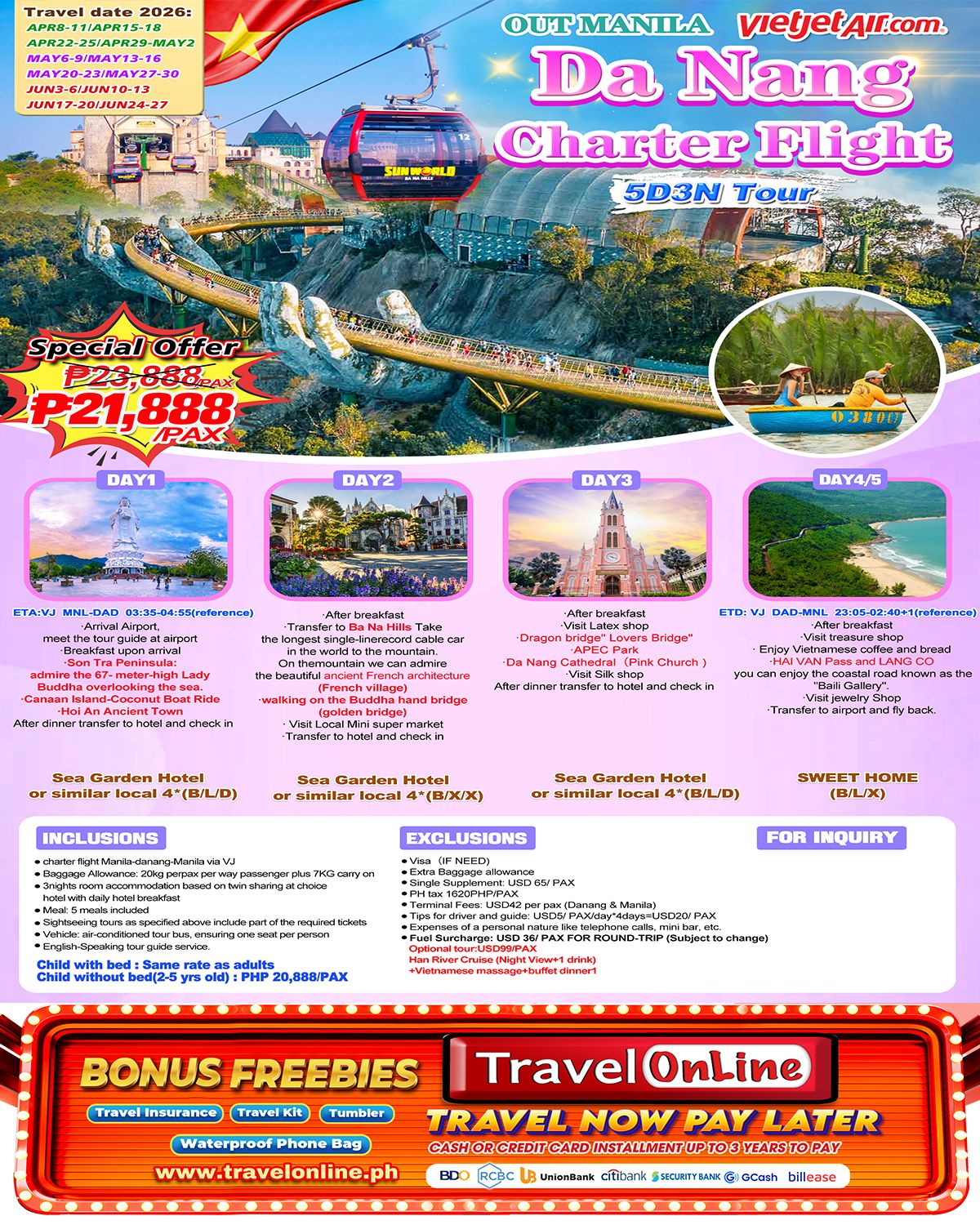 Danang 5D3N (VJ Charter Flight), 2026 : AS LOW AS ₱21888/PAX promo image