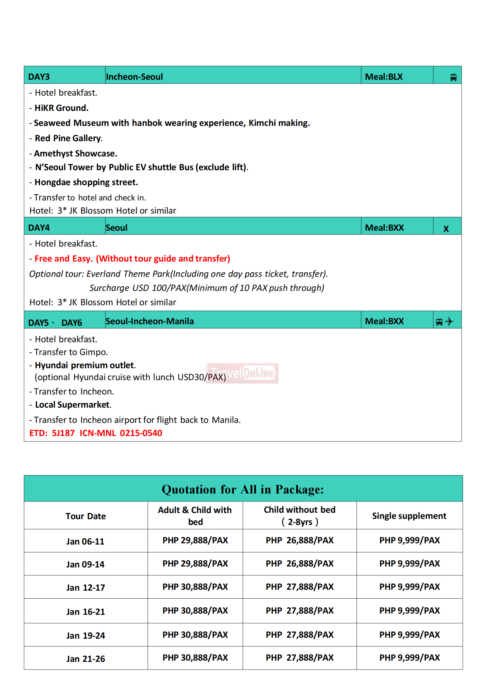 Manila Seoul 6D4N (VIA 5J) Winter,2027: AS LOW AS ₱29888/PAX itinerary