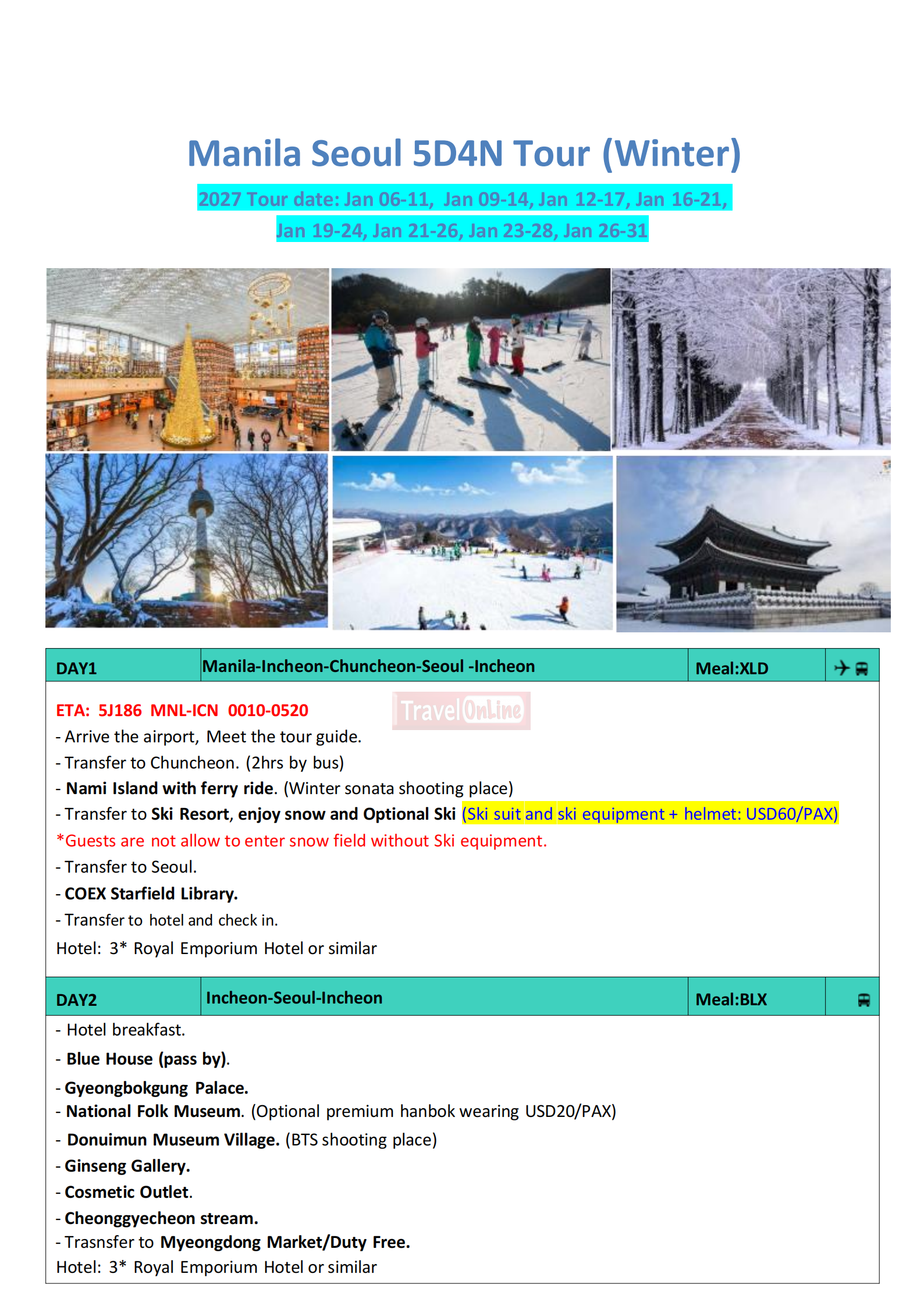 Manila Seoul 6D4N (VIA 5J) Winter,2027: AS LOW AS ₱29888/PAX itinerary