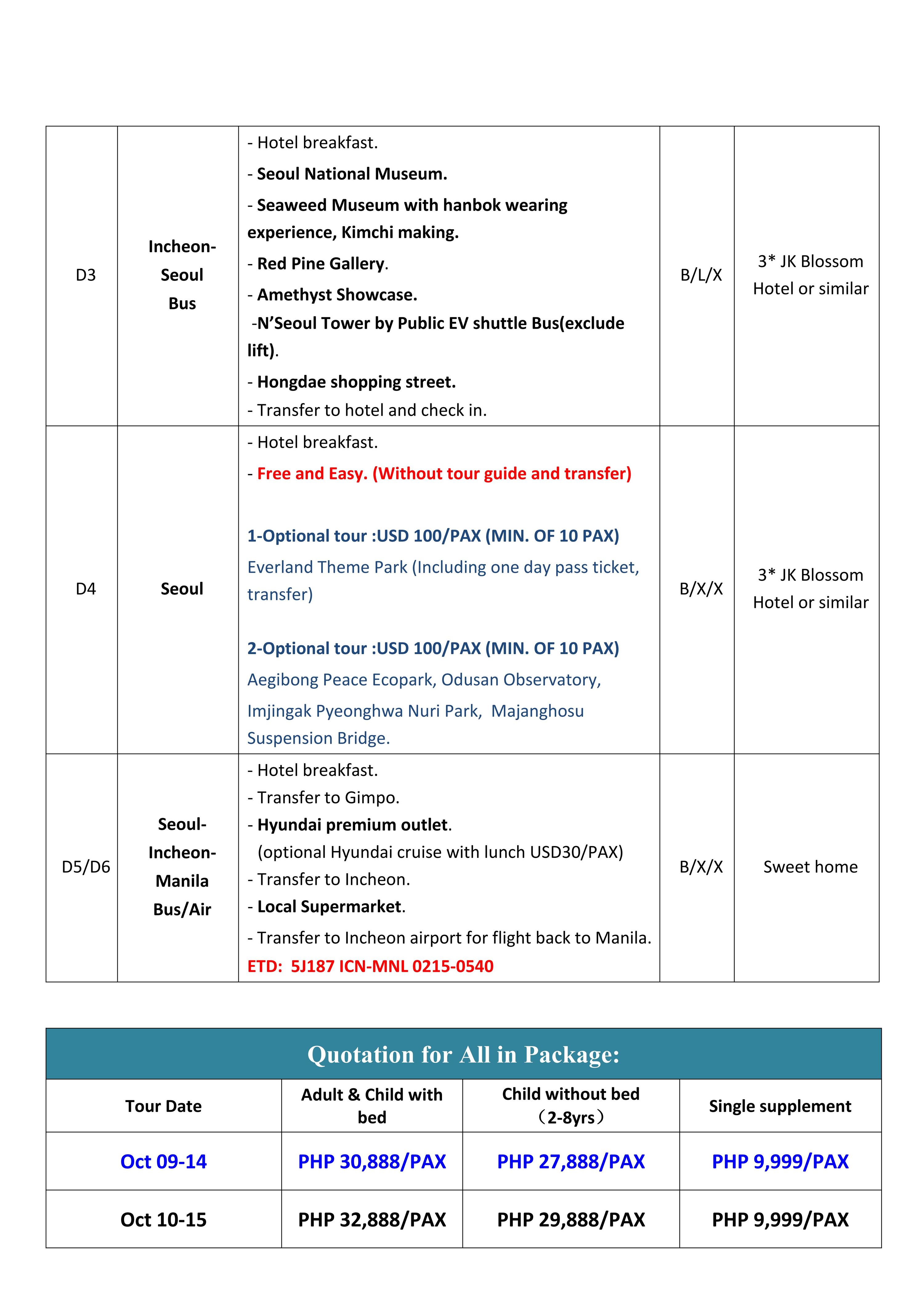 Manila Seoul 6D4N (VIA 5J), 2026:  AS LOW AS ₱30888/PAX itinerary