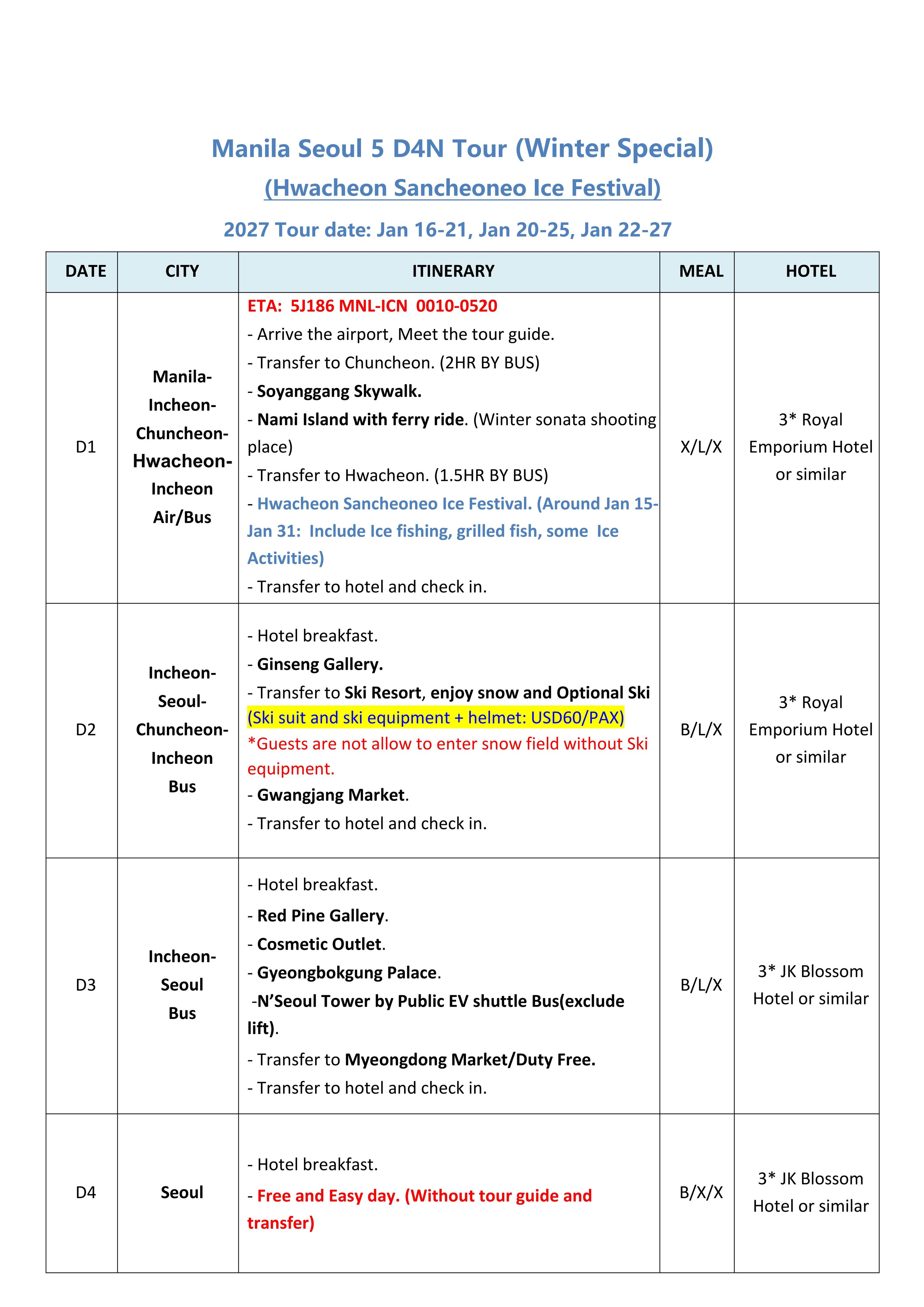 Manila Seoul 6D4N (Hwacheon Ice Festival), 2027: AS LOW AS ₱33888/PAX itinerary