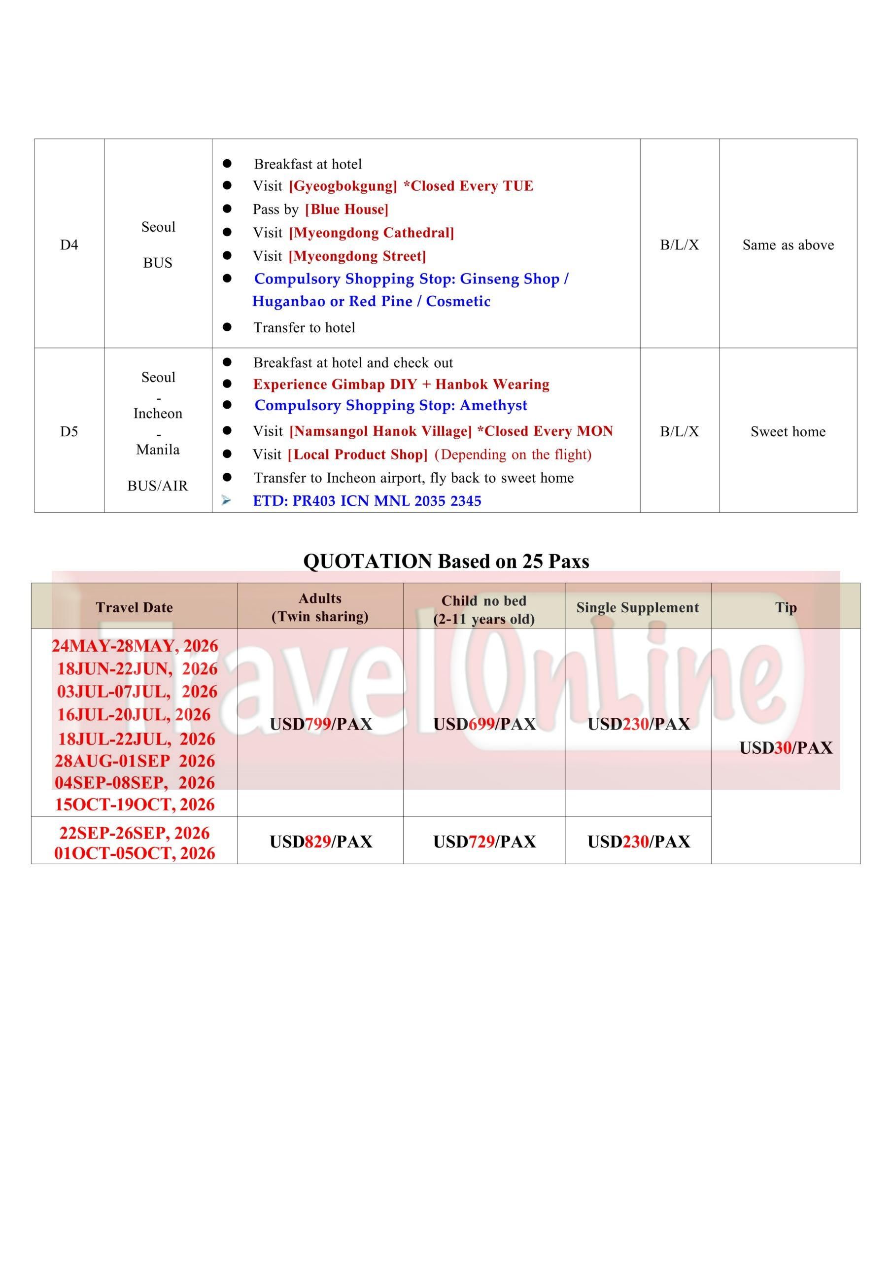 Korea Catholic Pilgrimage 5D4N Tour:  AS LOW AS $799/PAX itinerary