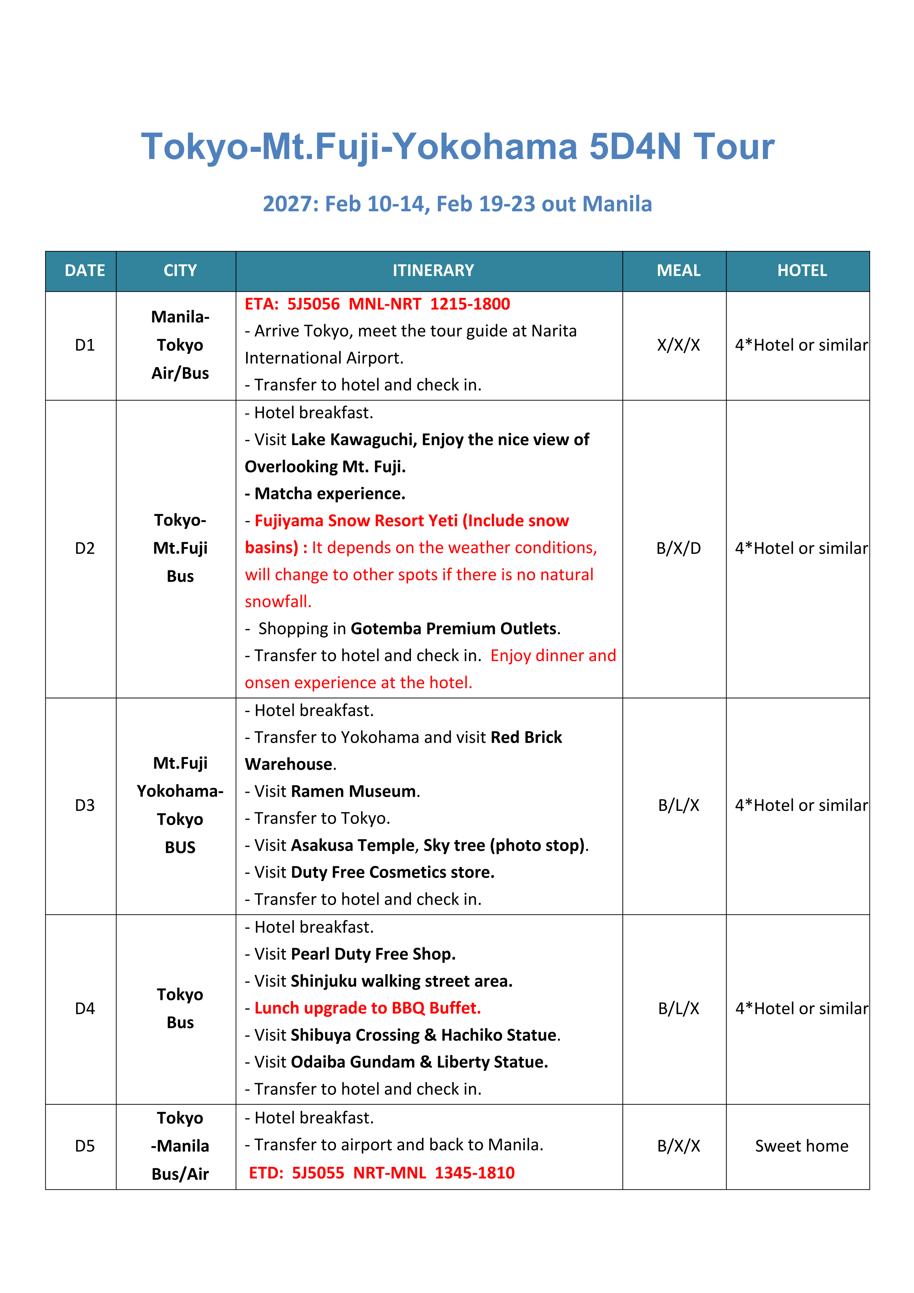 Tokyo+Mt.Fuji+Yokohama 5D4N, 2027: AS LOW AS $899/PAX itinerary