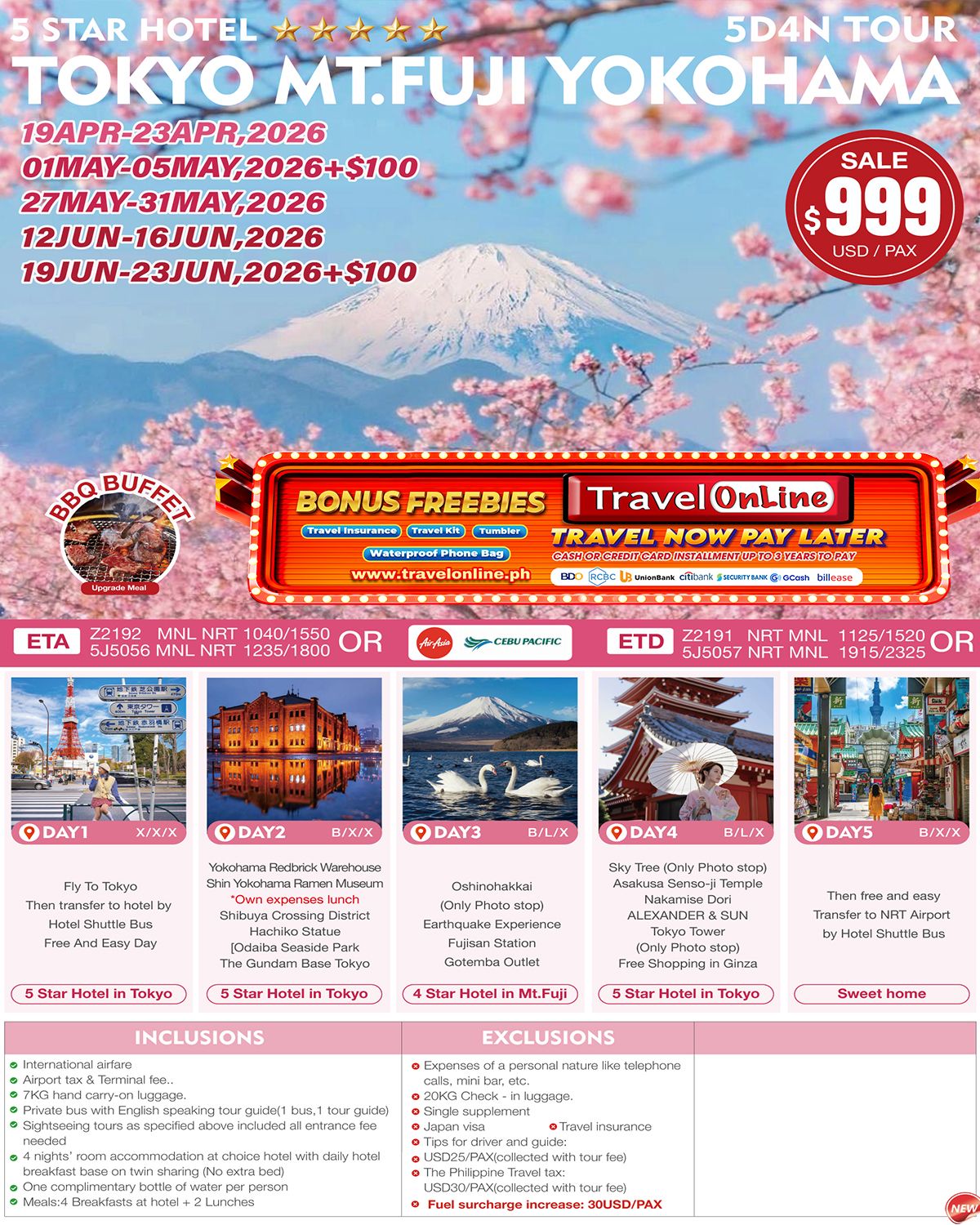Tokyo Mt.Fuji Yokohama 5D4N Tours: AS LOW AS $999/PAX promo image