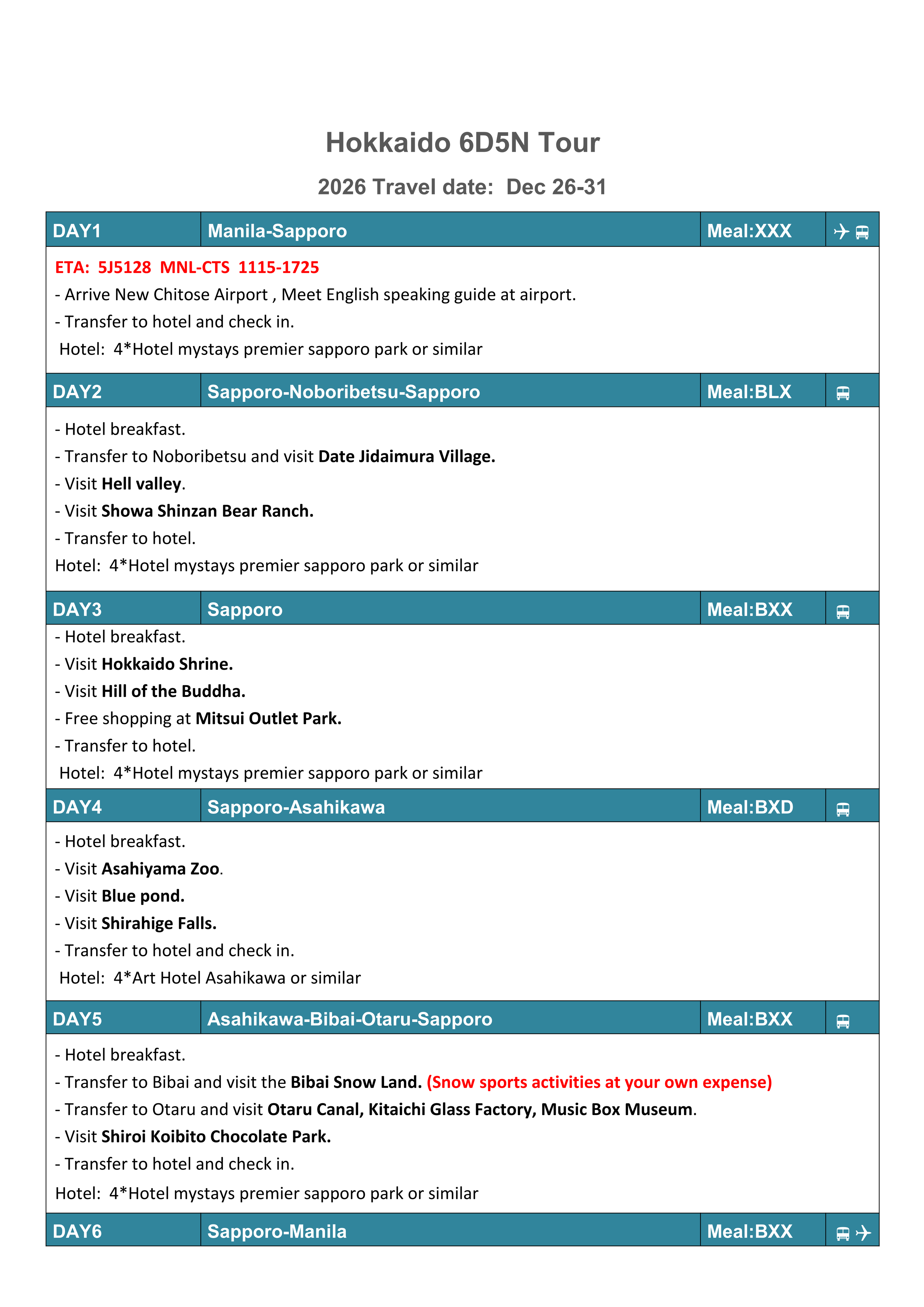 Hokkaido 6D5N Tour (VIA 5J),2026: AS LOW AS $1799/PAX itinerary