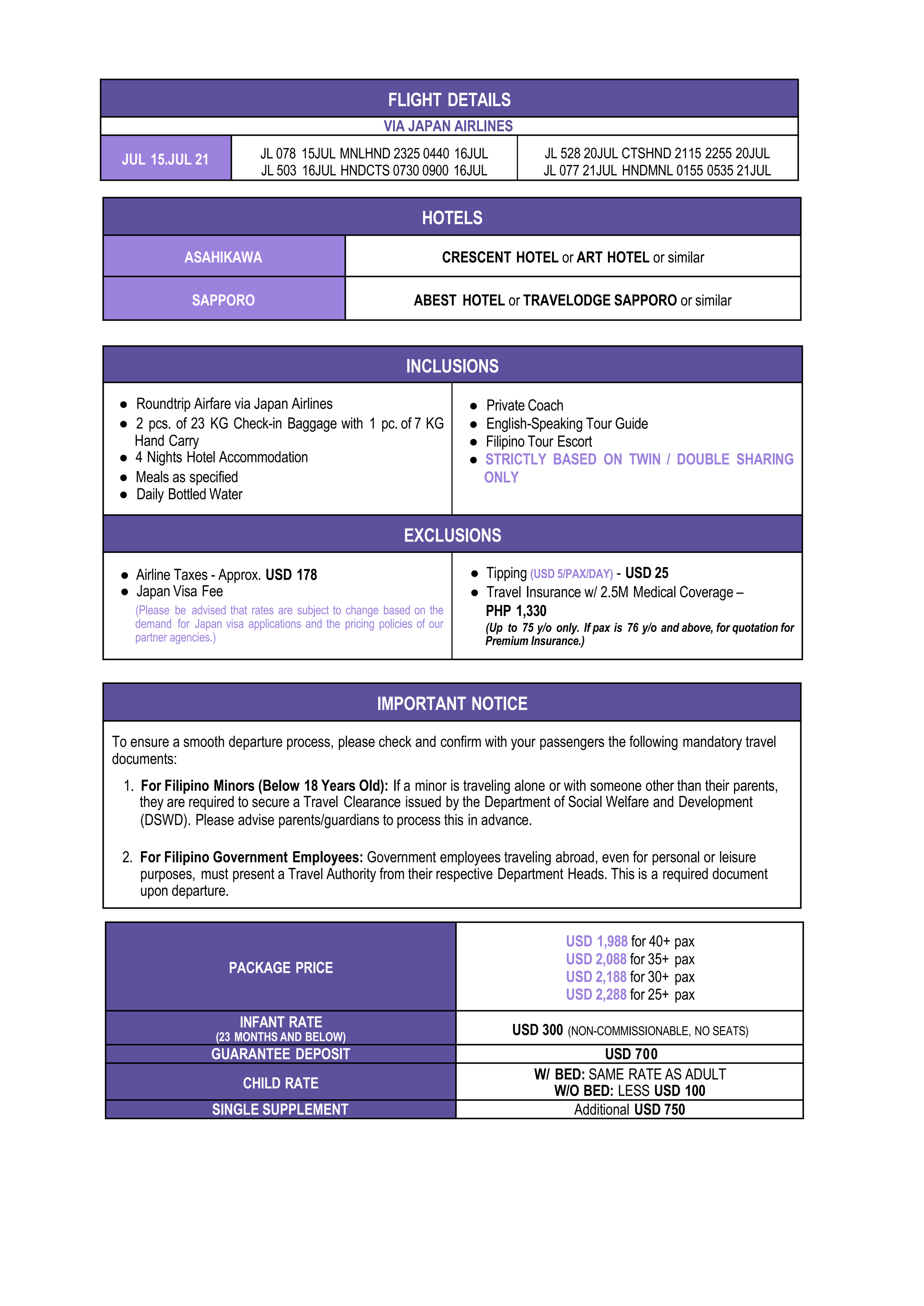 (EVISA) Memorable Japan Lavender Hokkaido 2026 : AS LOW AS $1988/PAX itinerary