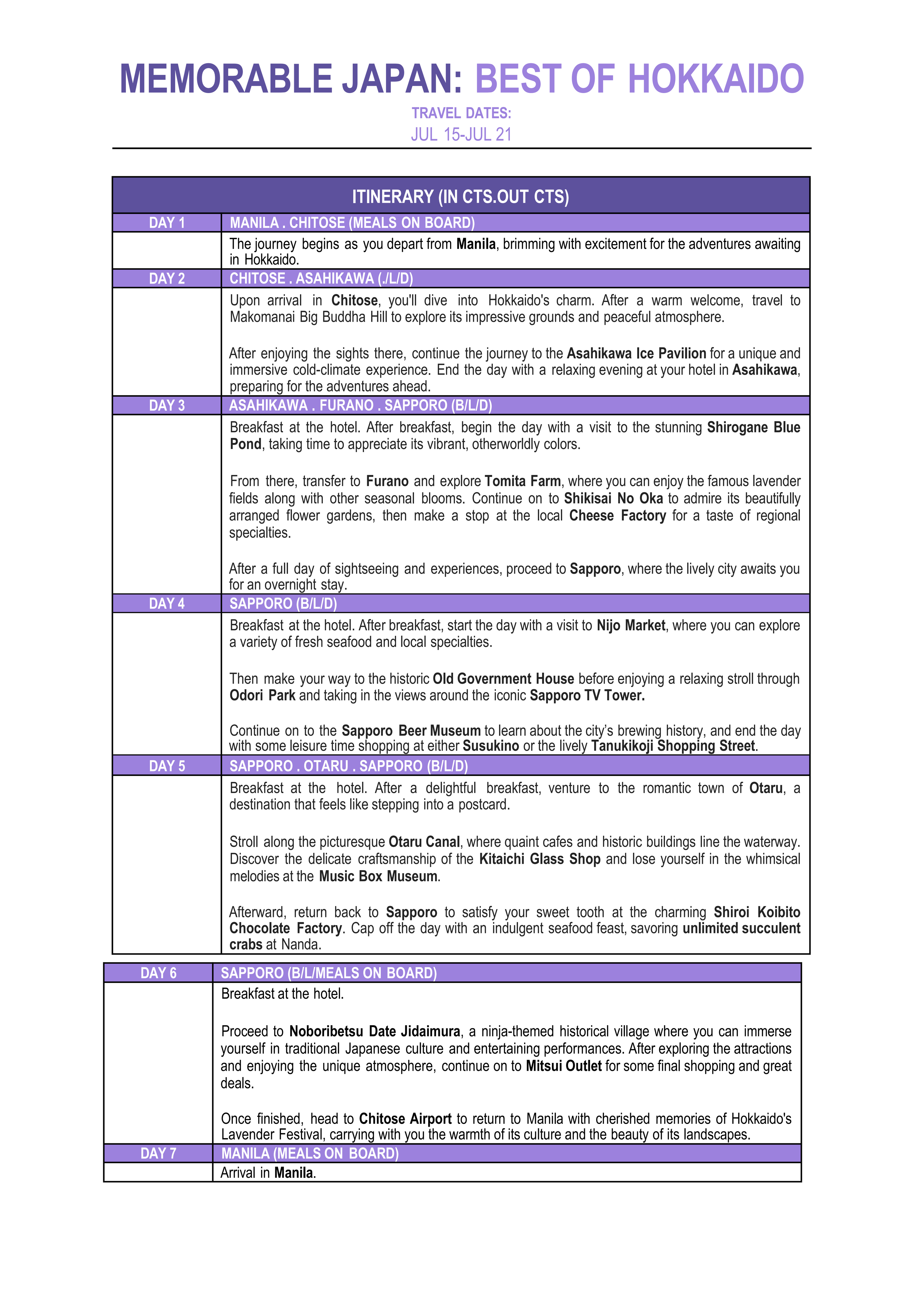 (EVISA) Memorable Japan Lavender Hokkaido 2026 : AS LOW AS $1988/PAX itinerary