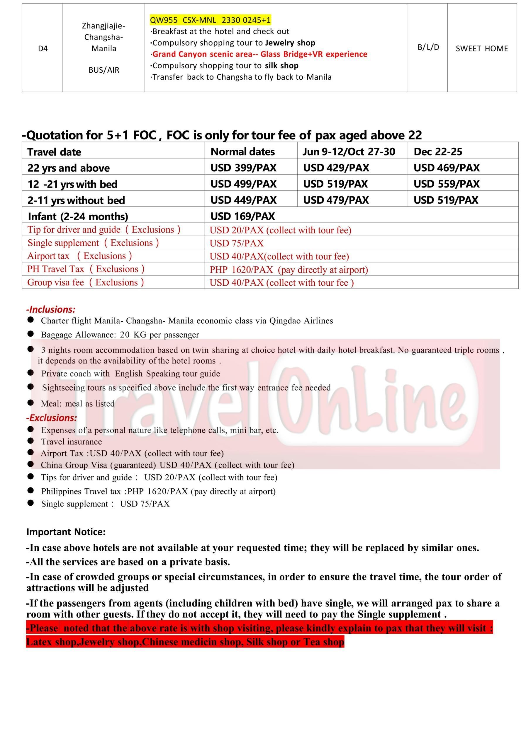 Charter Flight Avatar Changsha 4D3N Tour，2026: AS LOW AS $399/PAX itinerary