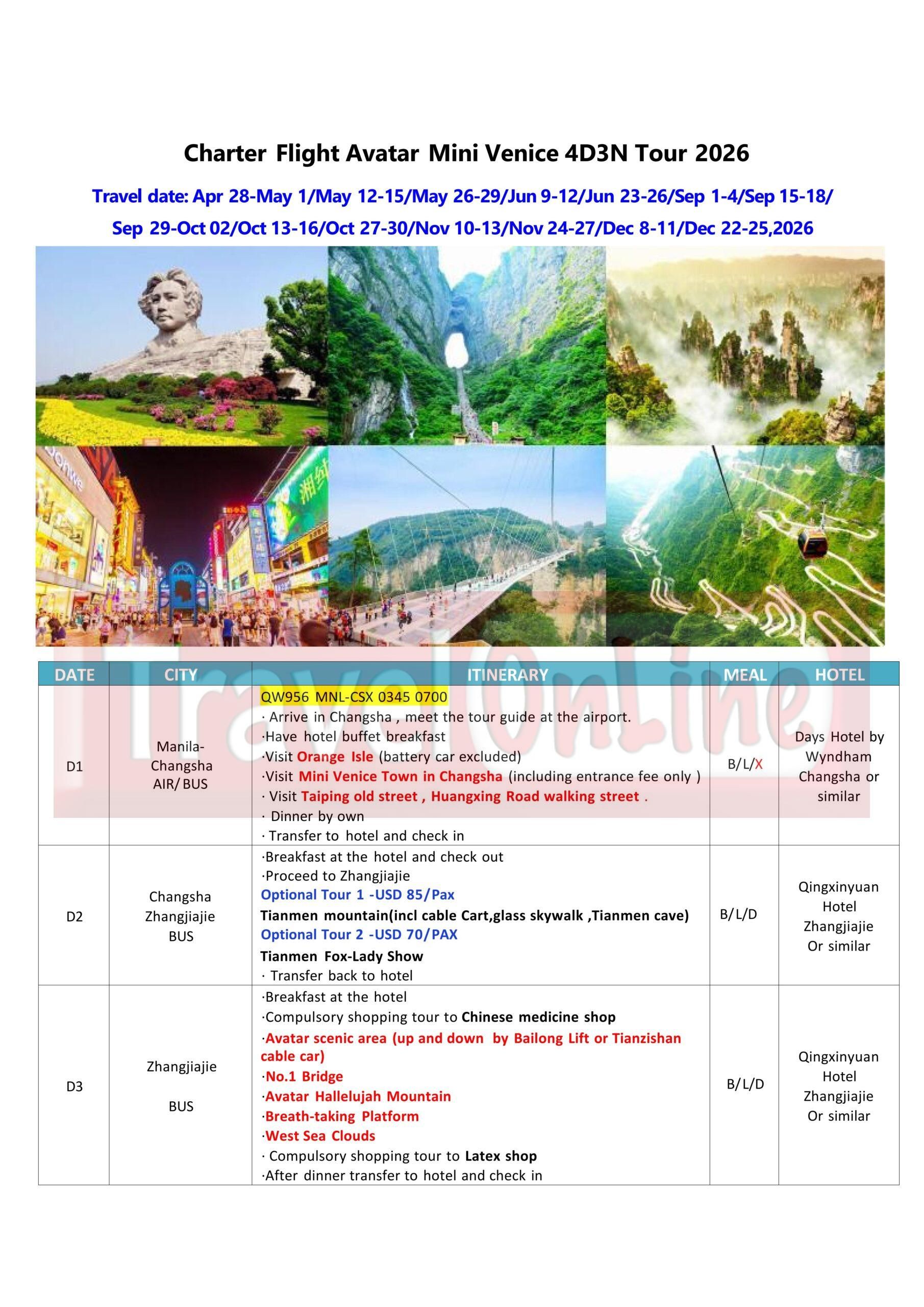 Charter Flight Avatar Changsha 4D3N Tour，2026: AS LOW AS $399/PAX itinerary