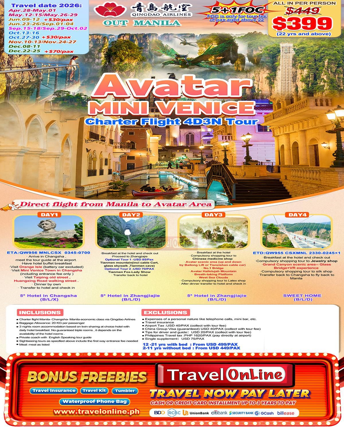 Charter Flight Avatar Changsha 4D3N Tour，2026: AS LOW AS $399/PAX promo image