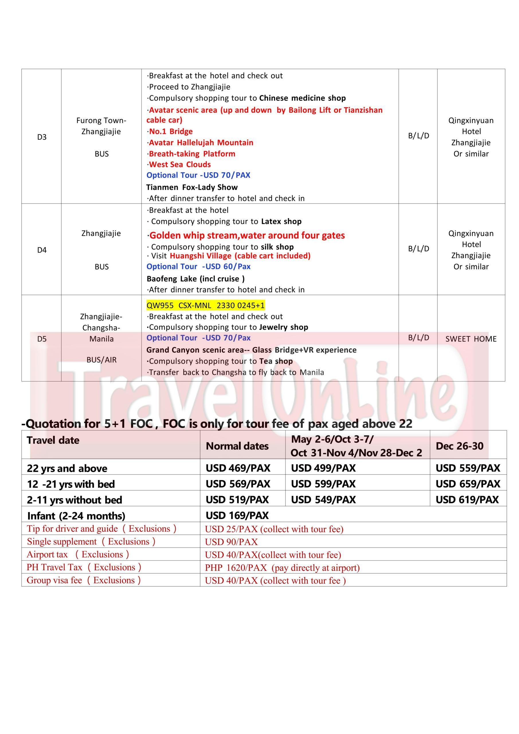 Charter Flight Avatar Furong Town 5D4N Tour，2026: AS LOW AS $469/PAX itinerary