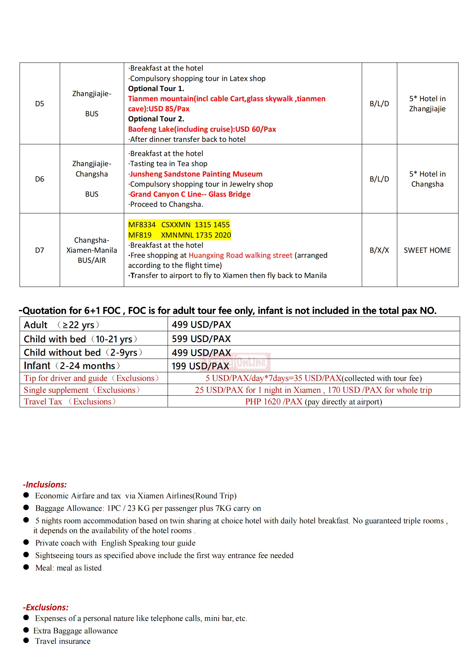Avatar Furong+Xiamen 7D6N Tour,2026: AS LOW AS $499/PAX itinerary