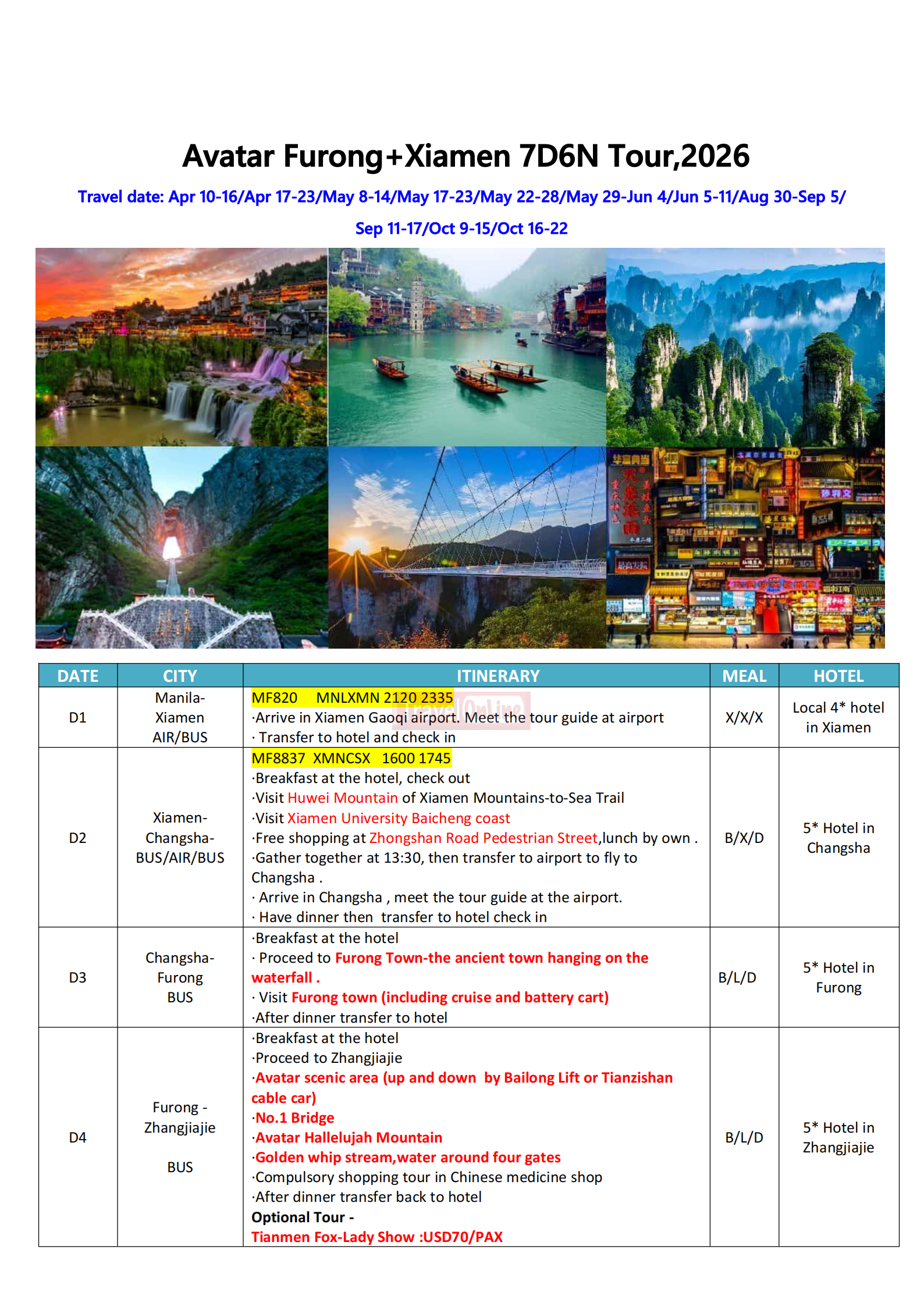 Avatar Furong+Xiamen 7D6N Tour,2026: AS LOW AS $499/PAX itinerary