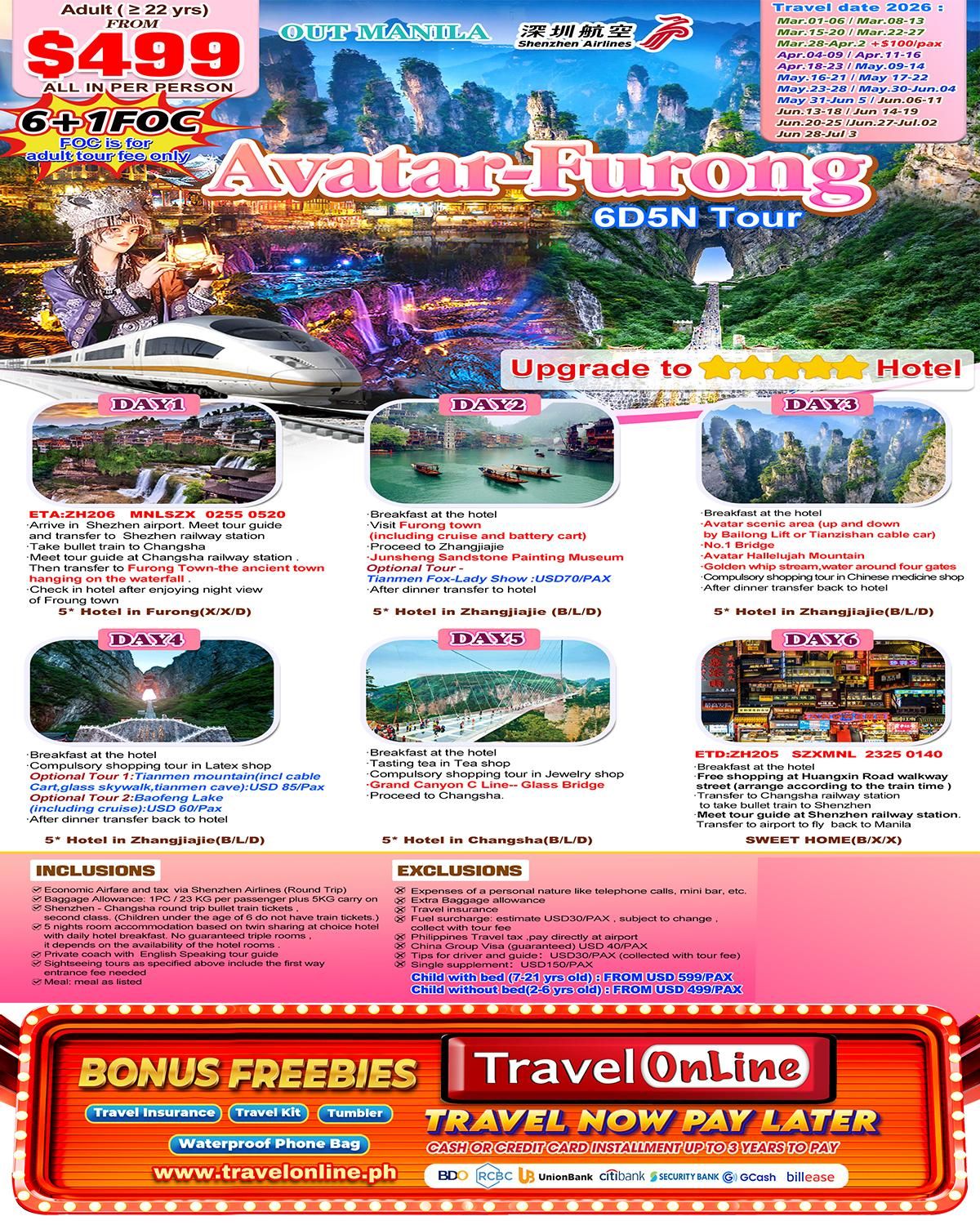 Avatar+Furong（via Shenzhen）6D5N ，2026: AS LOW AS $499/PAX  promo image