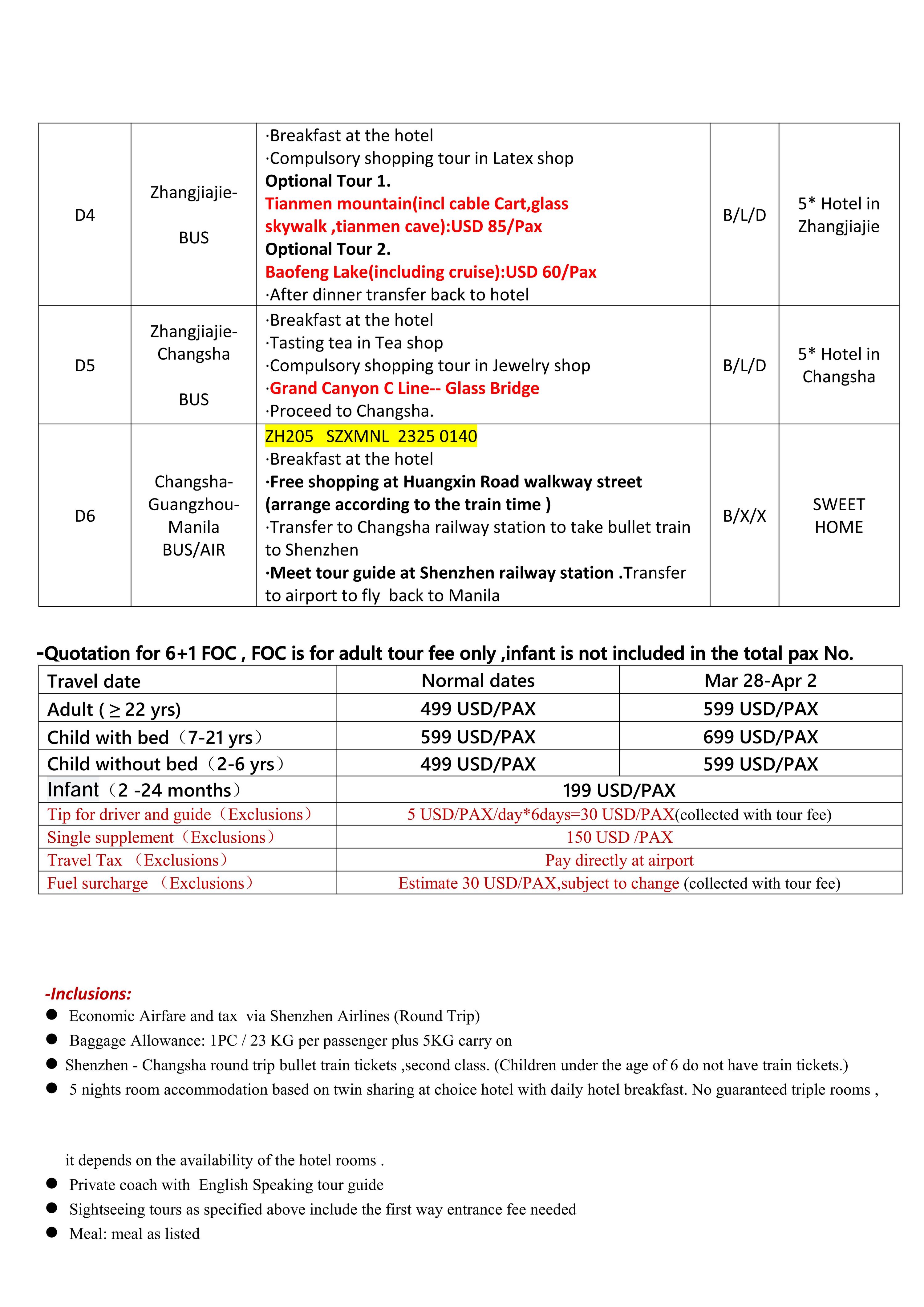 Avatar+Furong（via Shenzhen）6D5N ，2026: AS LOW AS $499/PAX itinerary