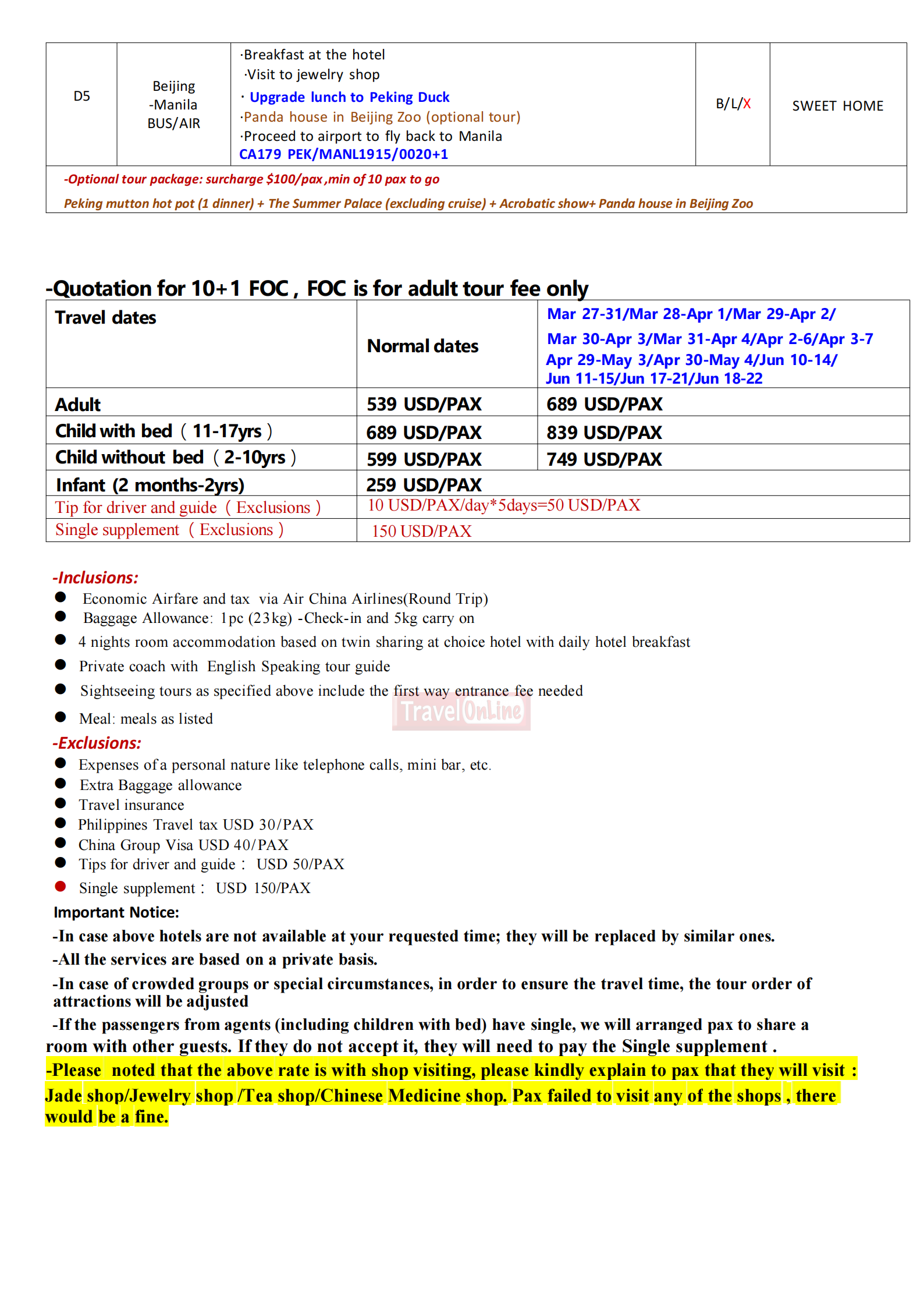 Beijing+Universal Studios 5D4N，2026: AS LOW AS $539/PAX itinerary