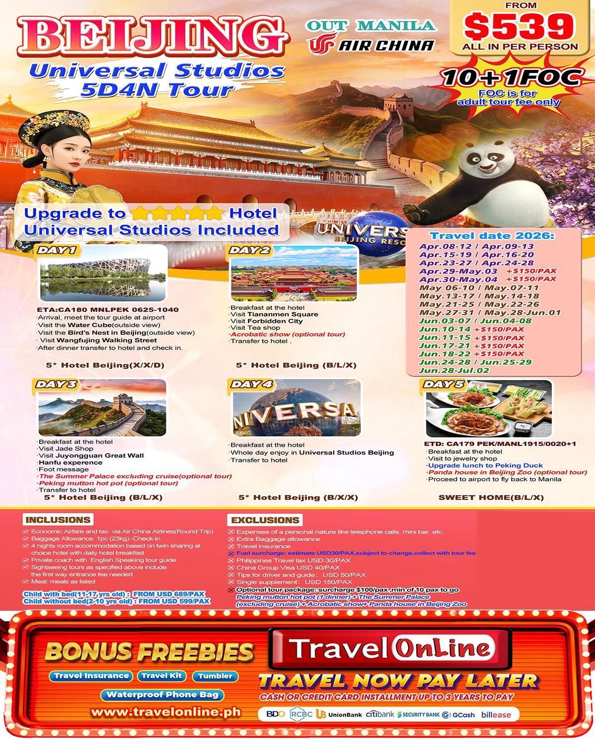 Beijing+Universal Studios 5D4N，2026: AS LOW AS $539/PAX promo image