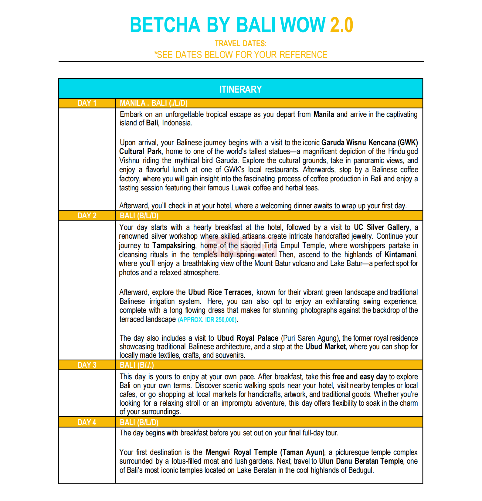 BALI (Betcha By Bali Wow 2.0) 2026 : AS LOW AS ₱32888/PAX itinerary