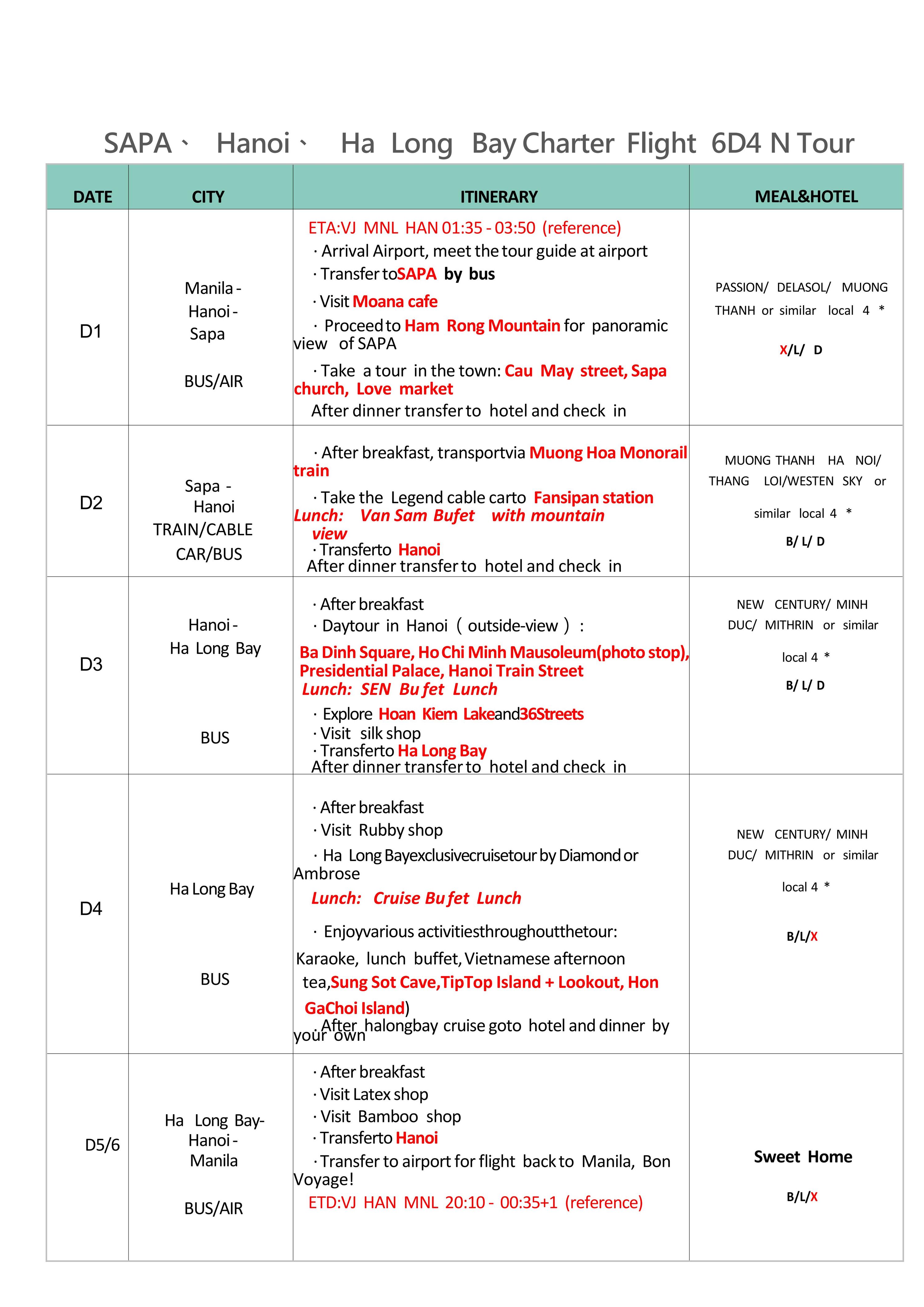 Hanoi+Sapa+Ha Long Bay Charter Flight 6D4N, 2026: AS LOW AS ₱28888/PAX itinerary