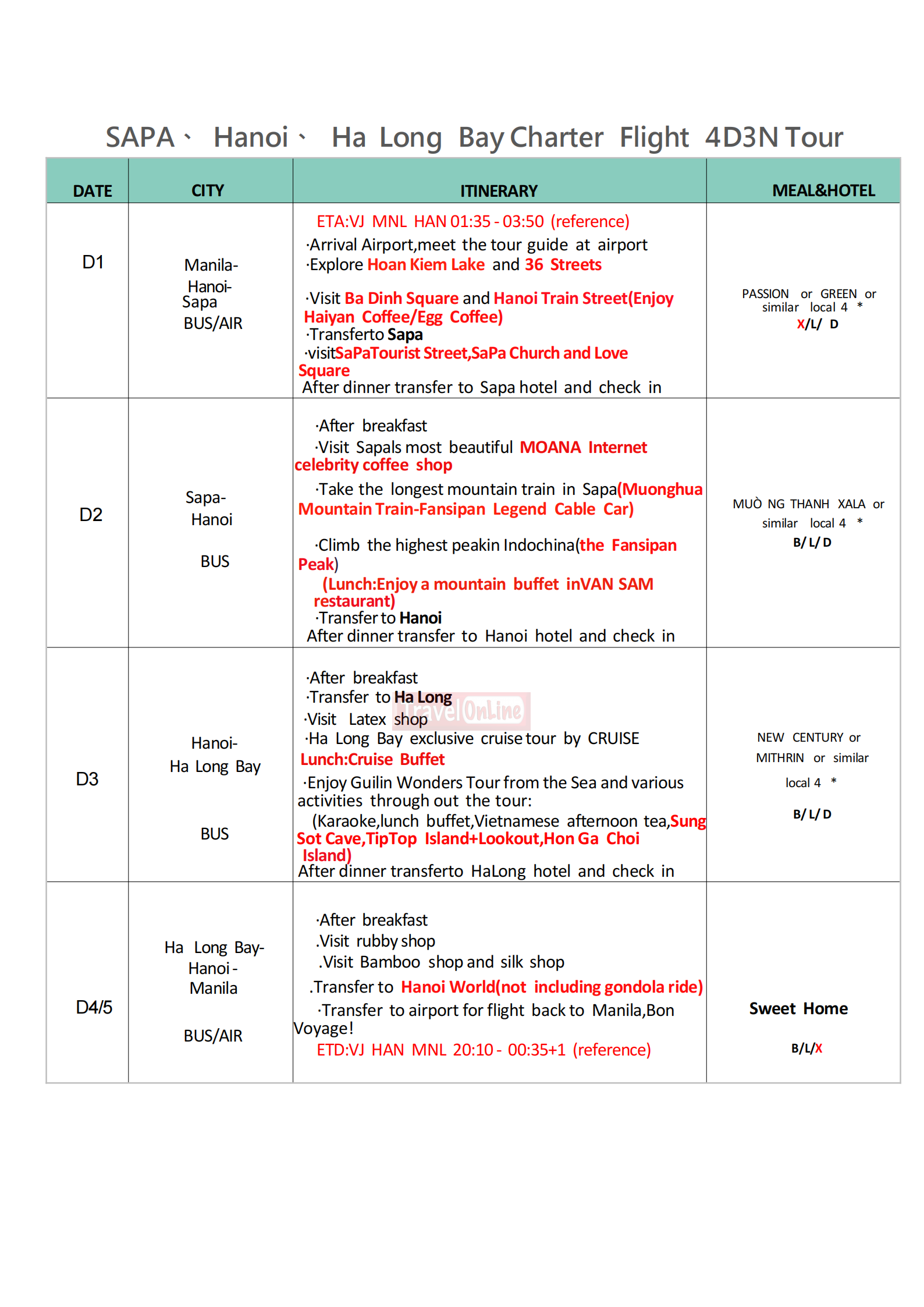 Hanoi+Sapa+Ha Long Bay Charter Flight 5D3N, 2026 : AS LOW AS ₱29888/PAX itinerary