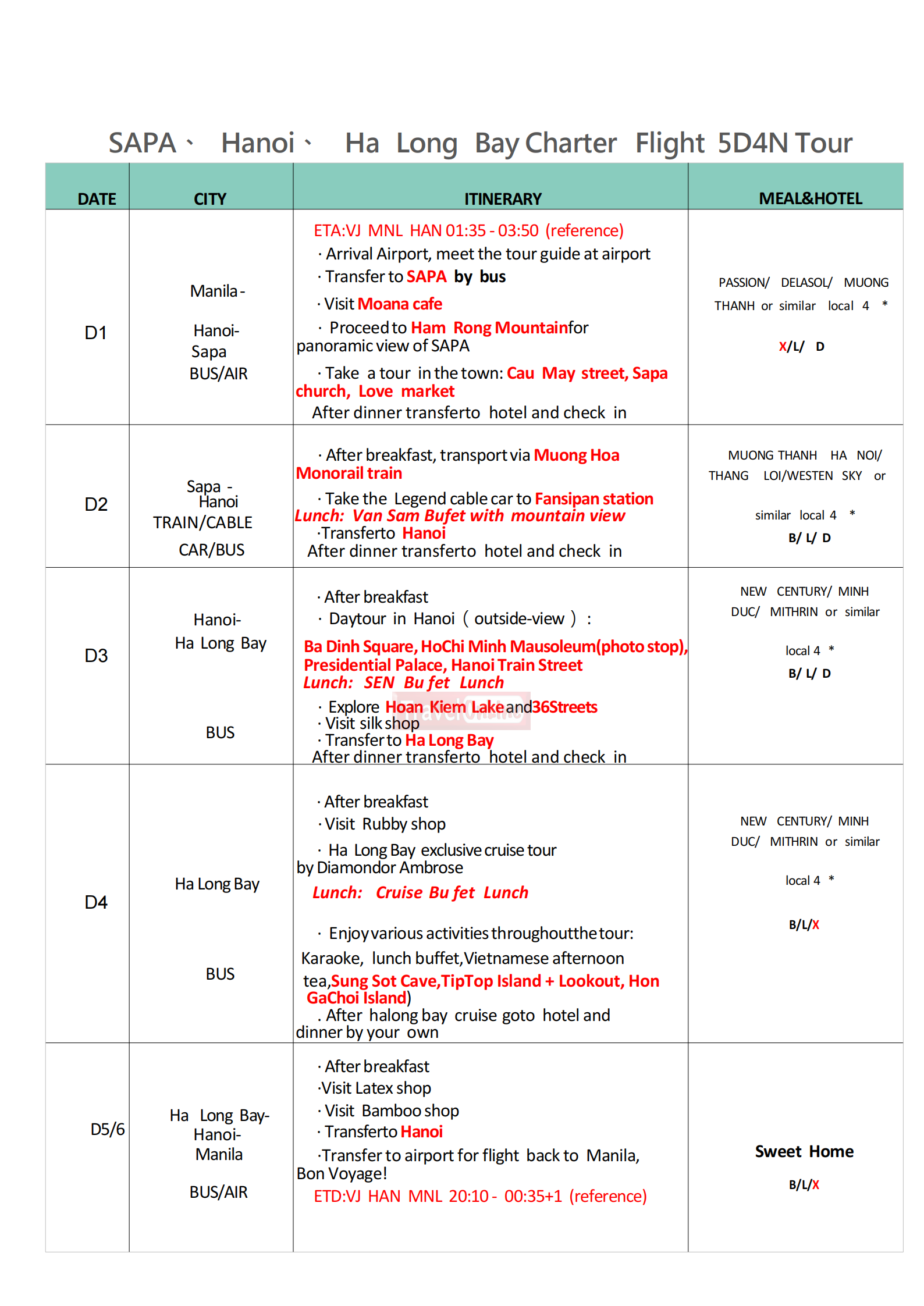 Hanoi+Sapa+Ha Long Bay Charter Flight 6D4N, 2026 : AS LOW AS ₱31888/PAX itinerary