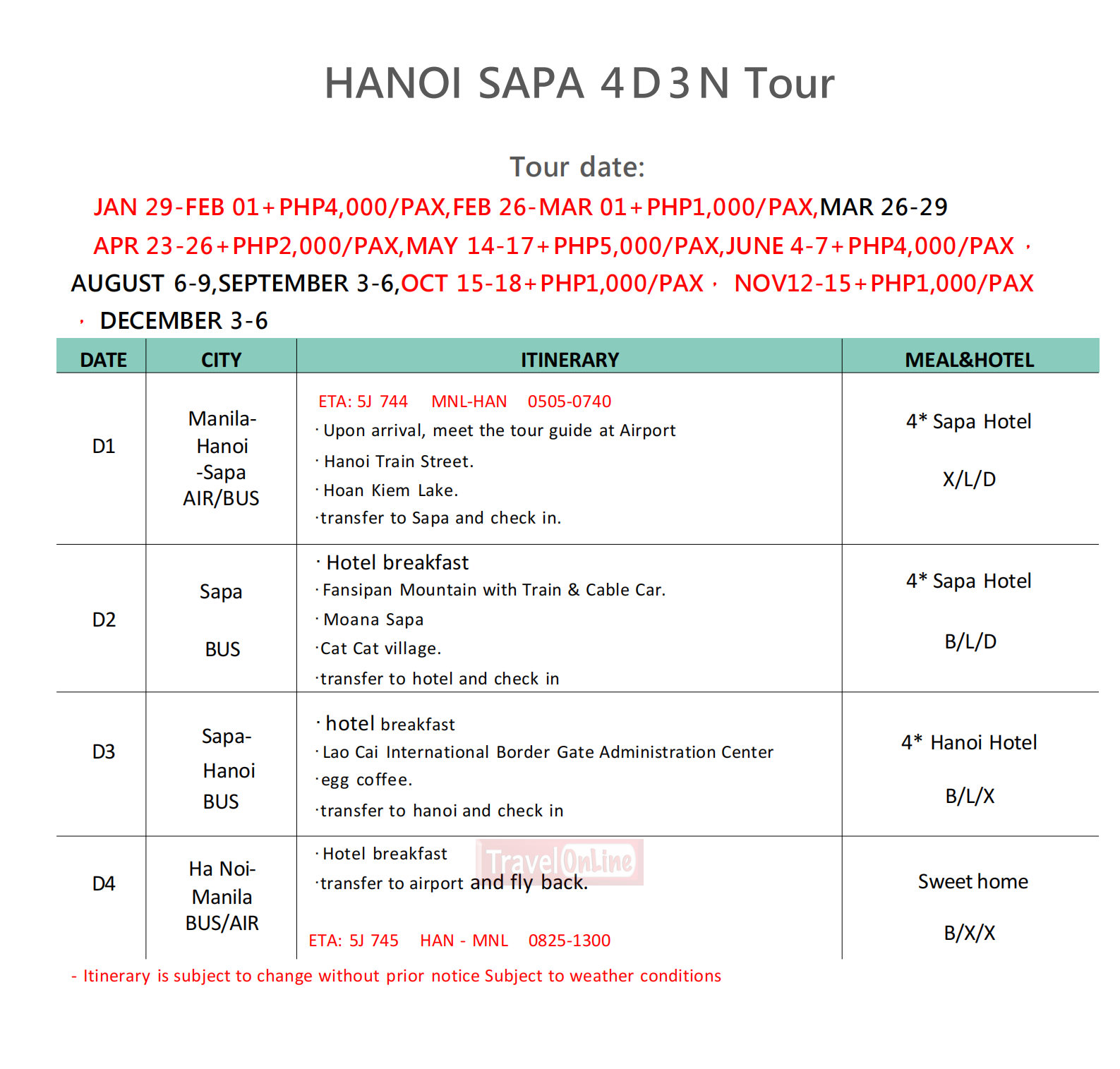 HANOI SAPA 4D3N (5J) , 2026 : AS LOW AS ₱32888/PAX itinerary