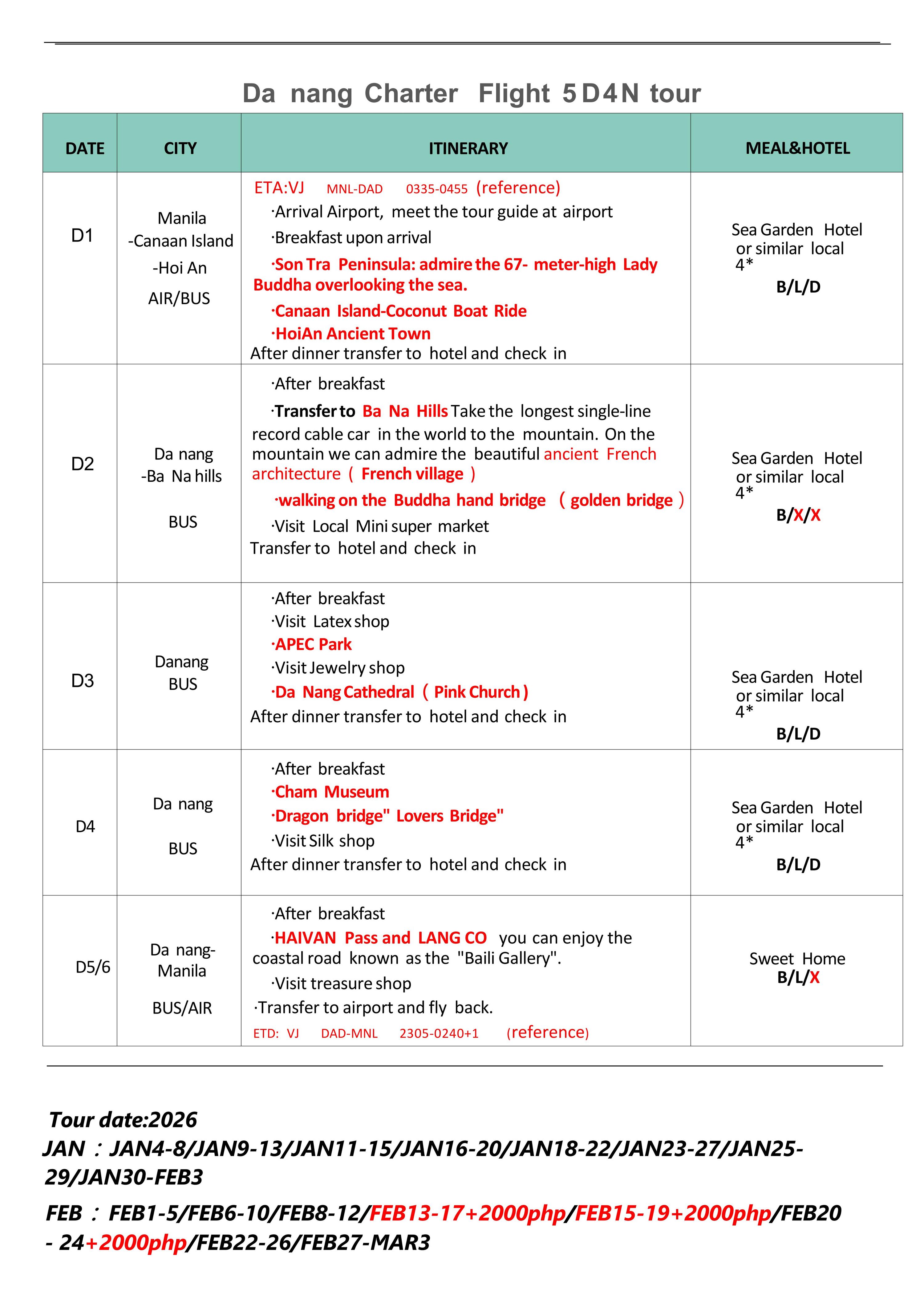 Danang 6D4N (VJ charter flights) 2026 : AS LOW AS ₱23888/PAX itinerary