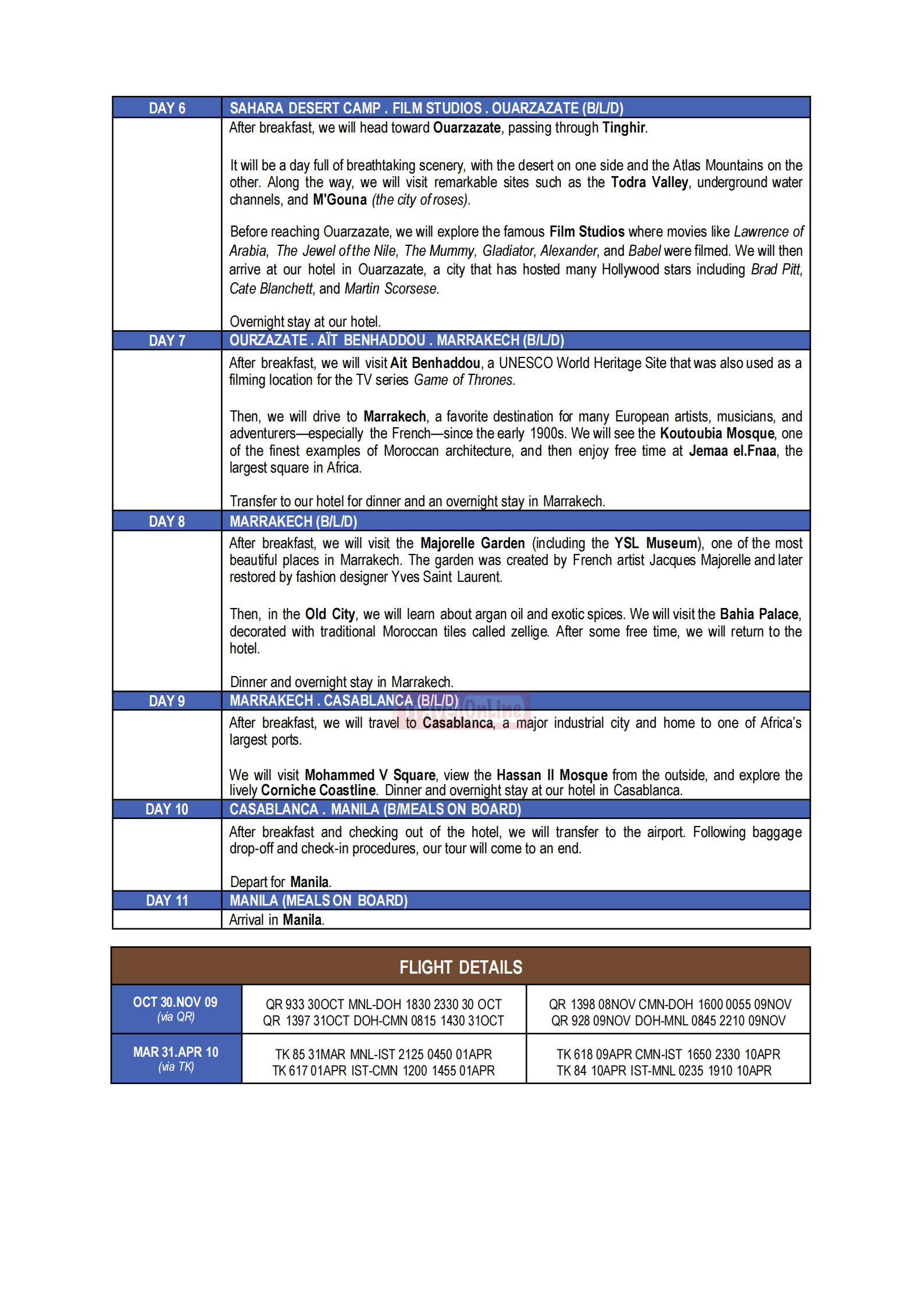 SENSES OF MOROCCO 2026: AS LOW AS $2888/PAX itinerary