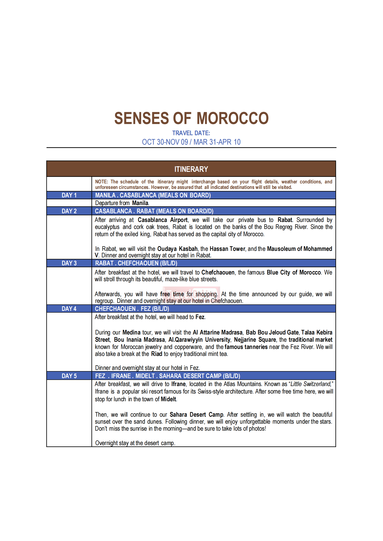 SENSES OF MOROCCO 2026: AS LOW AS $2888/PAX itinerary