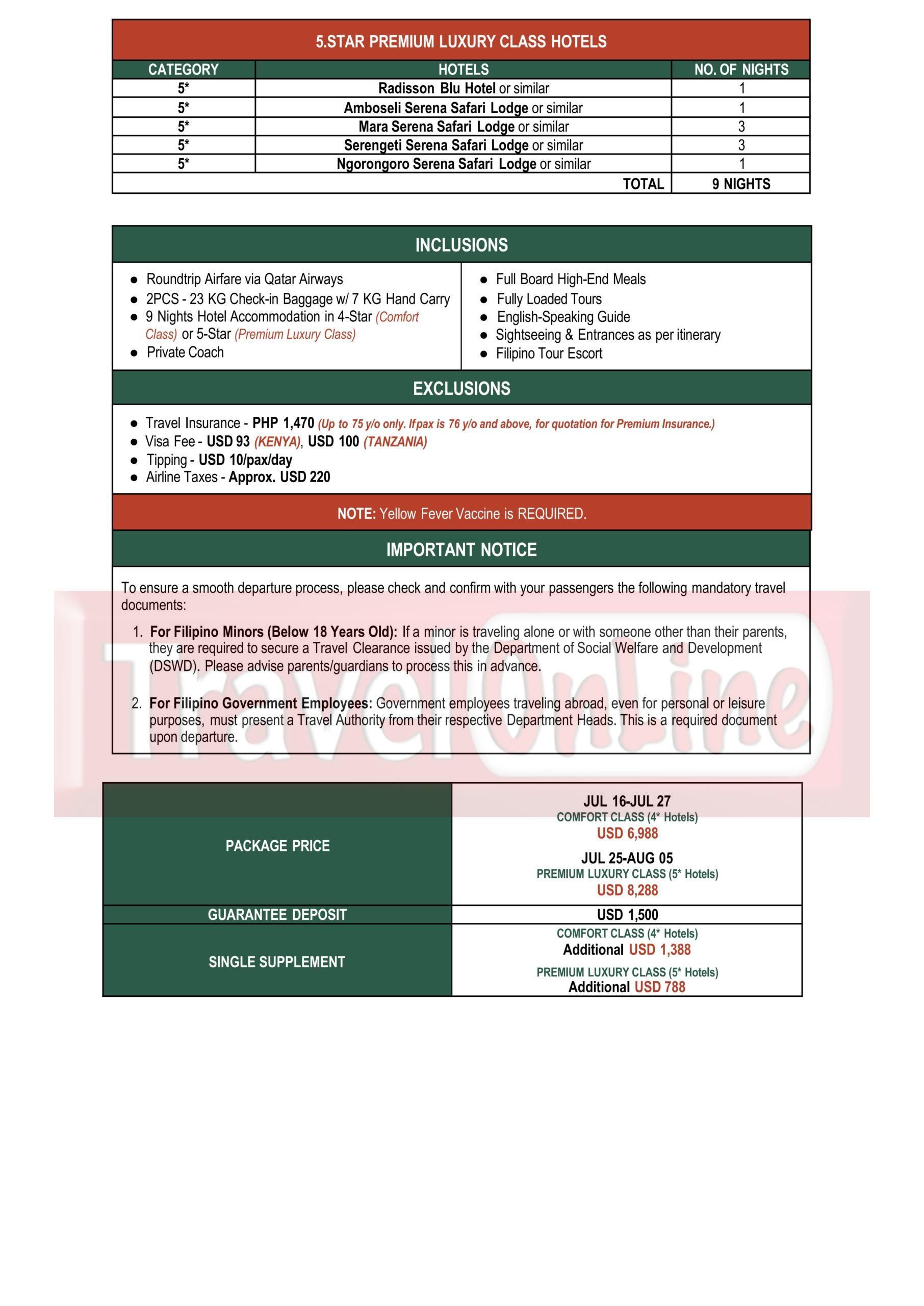 HAKUNA MATATA(KENYA TANZANIA) 2026: AS LOW AS $6988/PAX itinerary