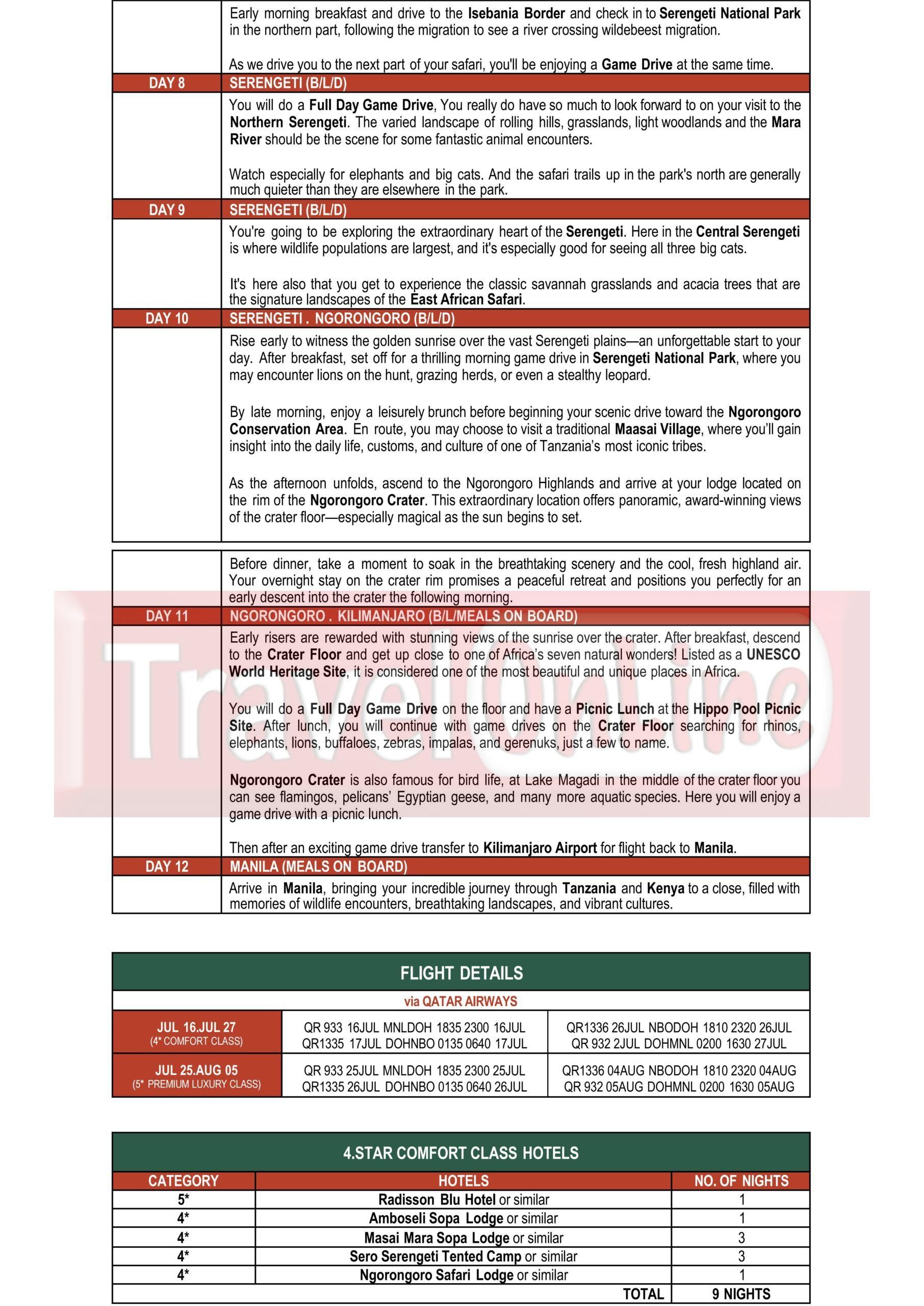 HAKUNA MATATA(KENYA TANZANIA) 2026: AS LOW AS $6988/PAX itinerary