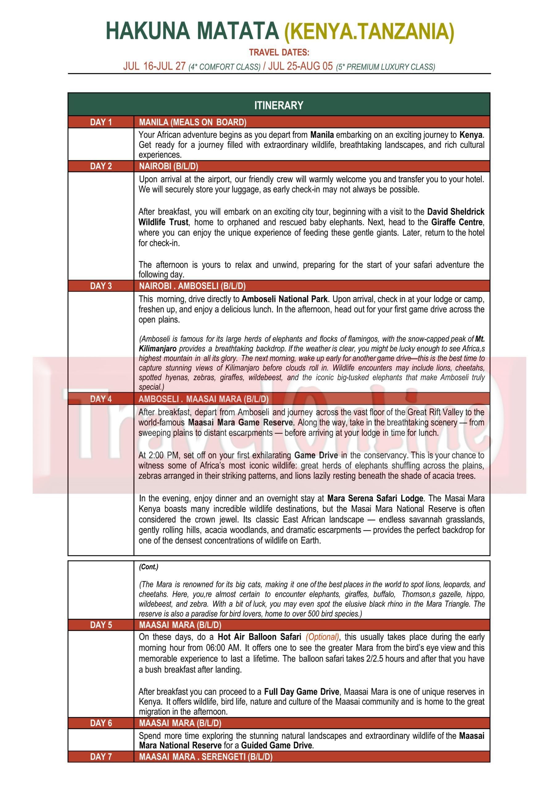 HAKUNA MATATA(KENYA TANZANIA) 2026: AS LOW AS $6988/PAX itinerary