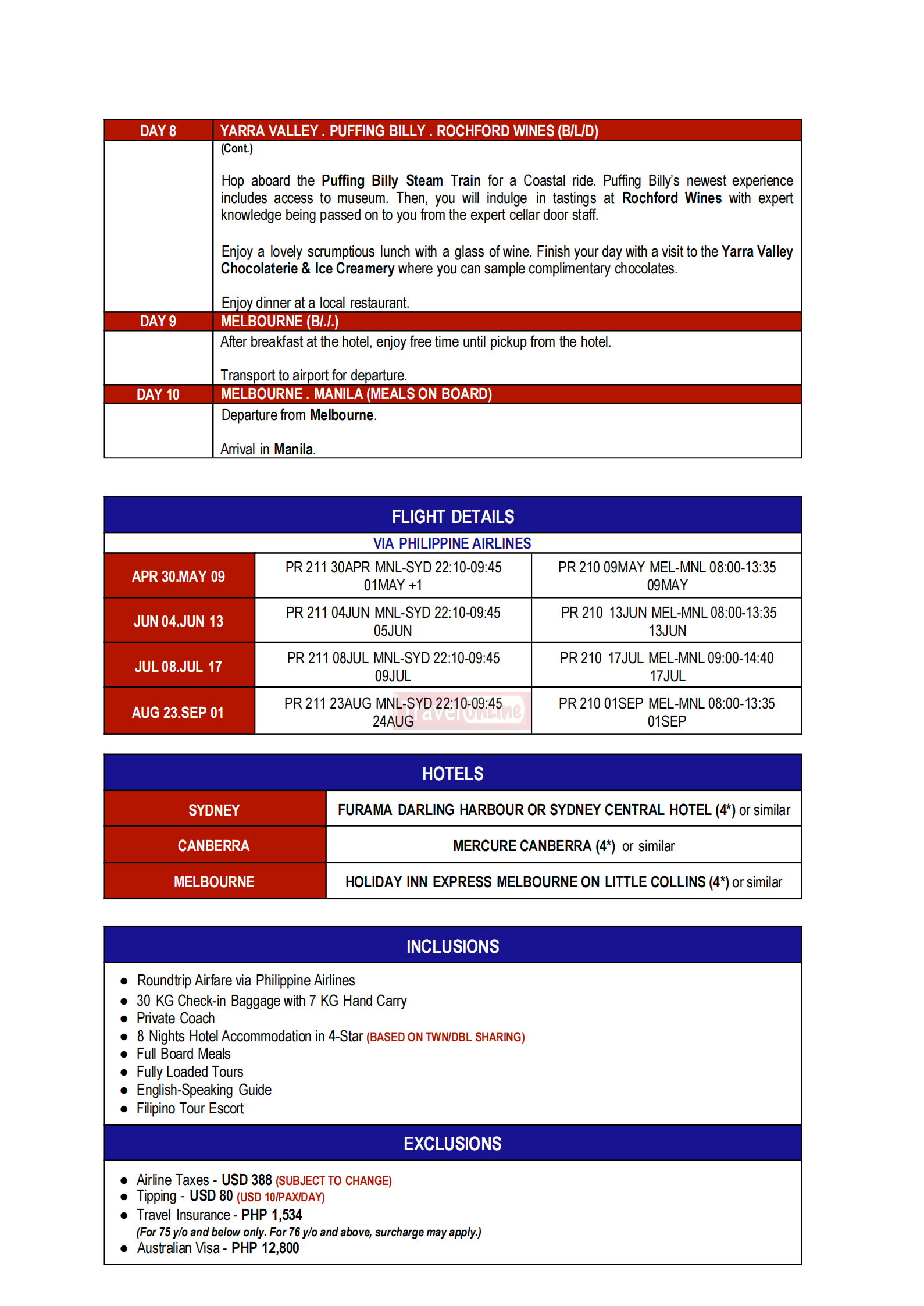 AUSTRALIA EXTRAVAGANZA(SYDNEY-CANBERRA-MELBOURNE) 2026: AS LOW AS  $2988/PAX itinerary