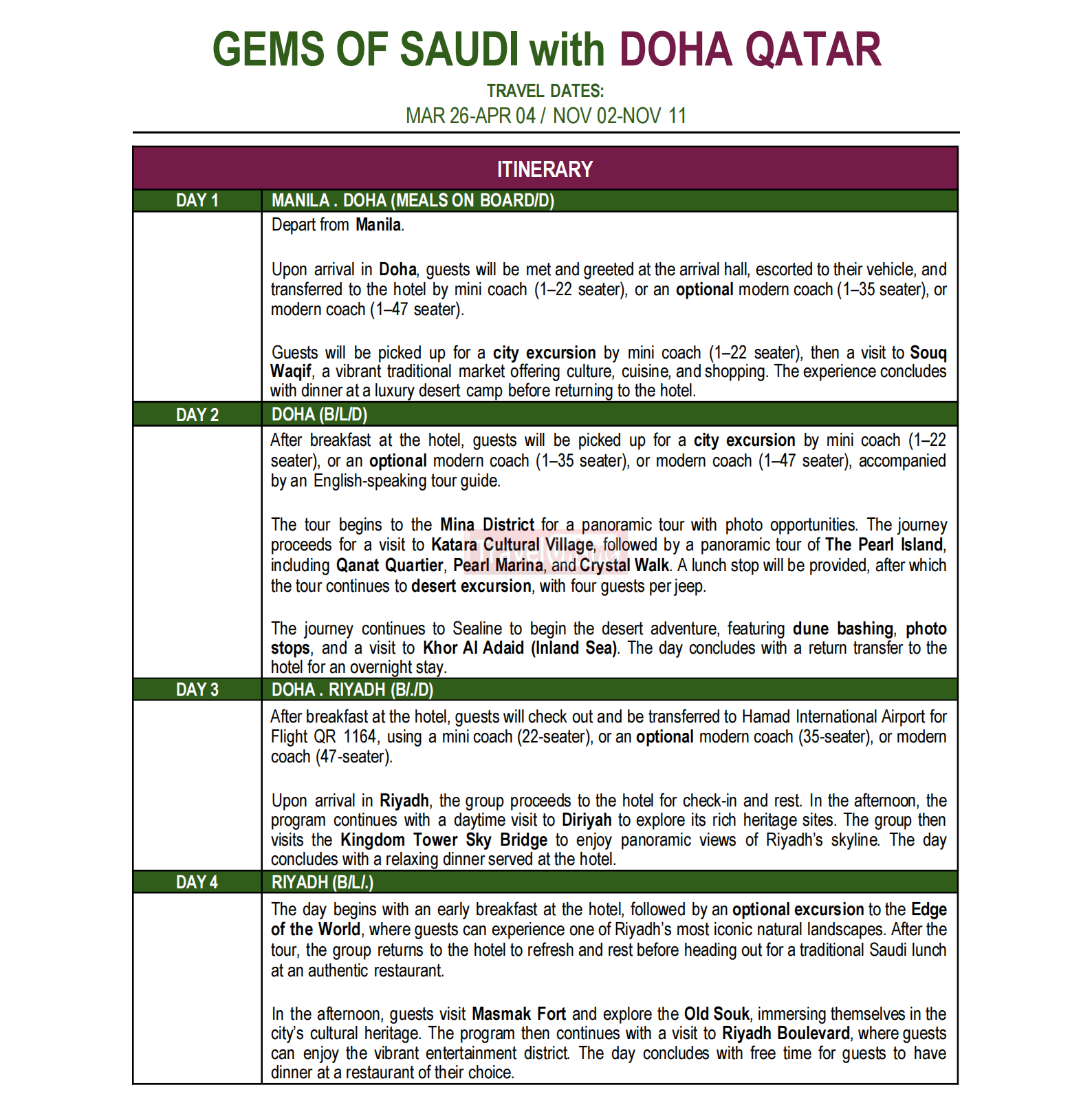 SAUDI (Gems of Saudi with Doha) 2026 : AS LOW AS $4088/PAX itinerary