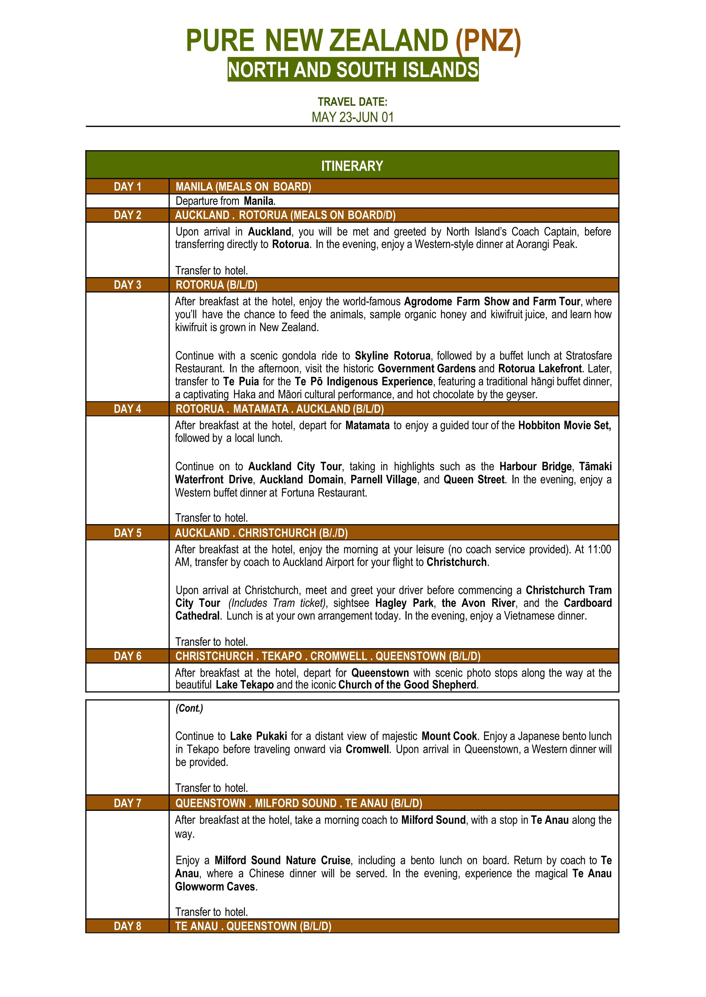NEW ZEALAND (Pure New Zealand) 2026 : AS LOW AS $3988/PAX itinerary
