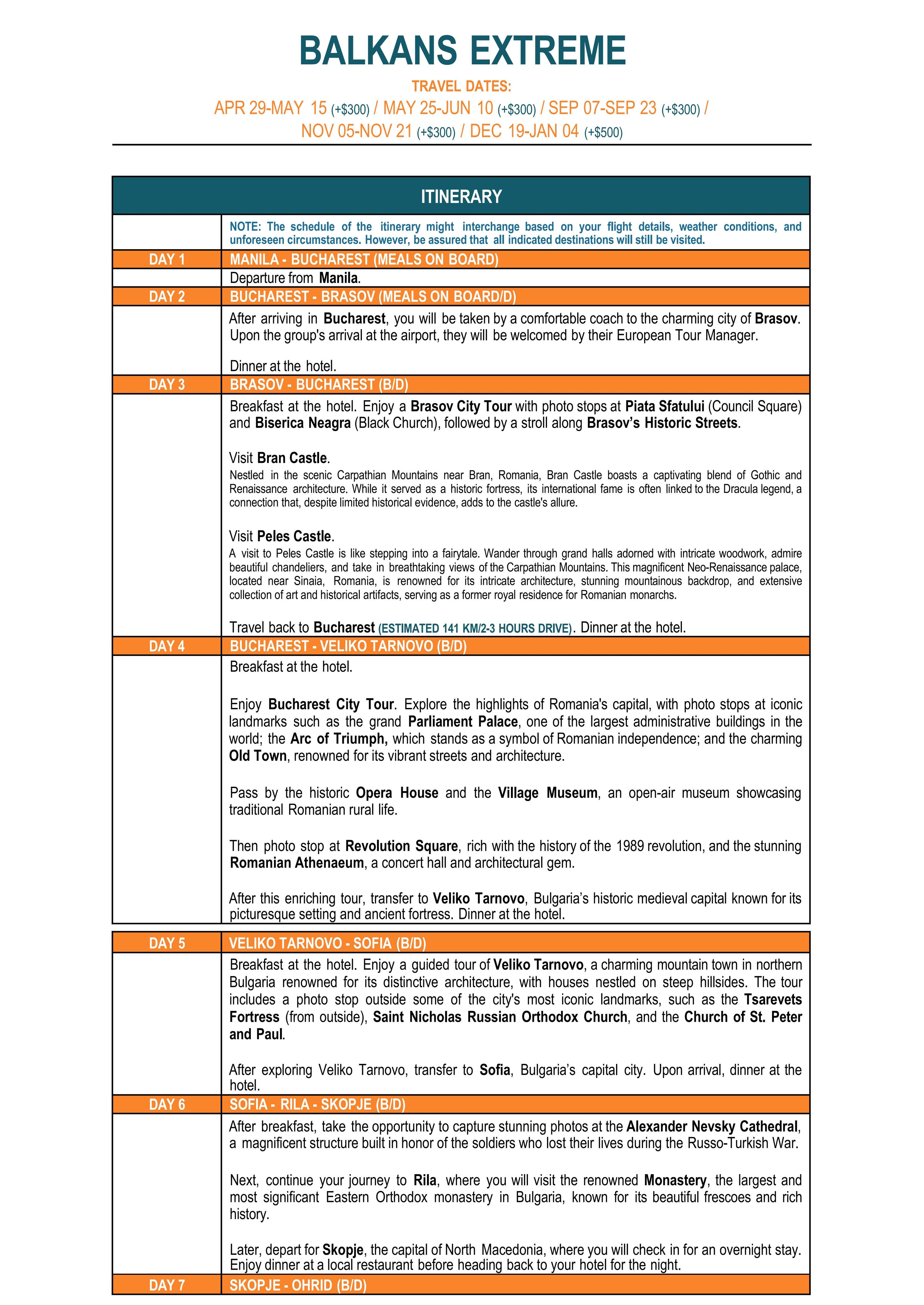 BALKANS (Balkans Extreme) 2025-2027: AS LOW AS $3288/PAX itinerary
